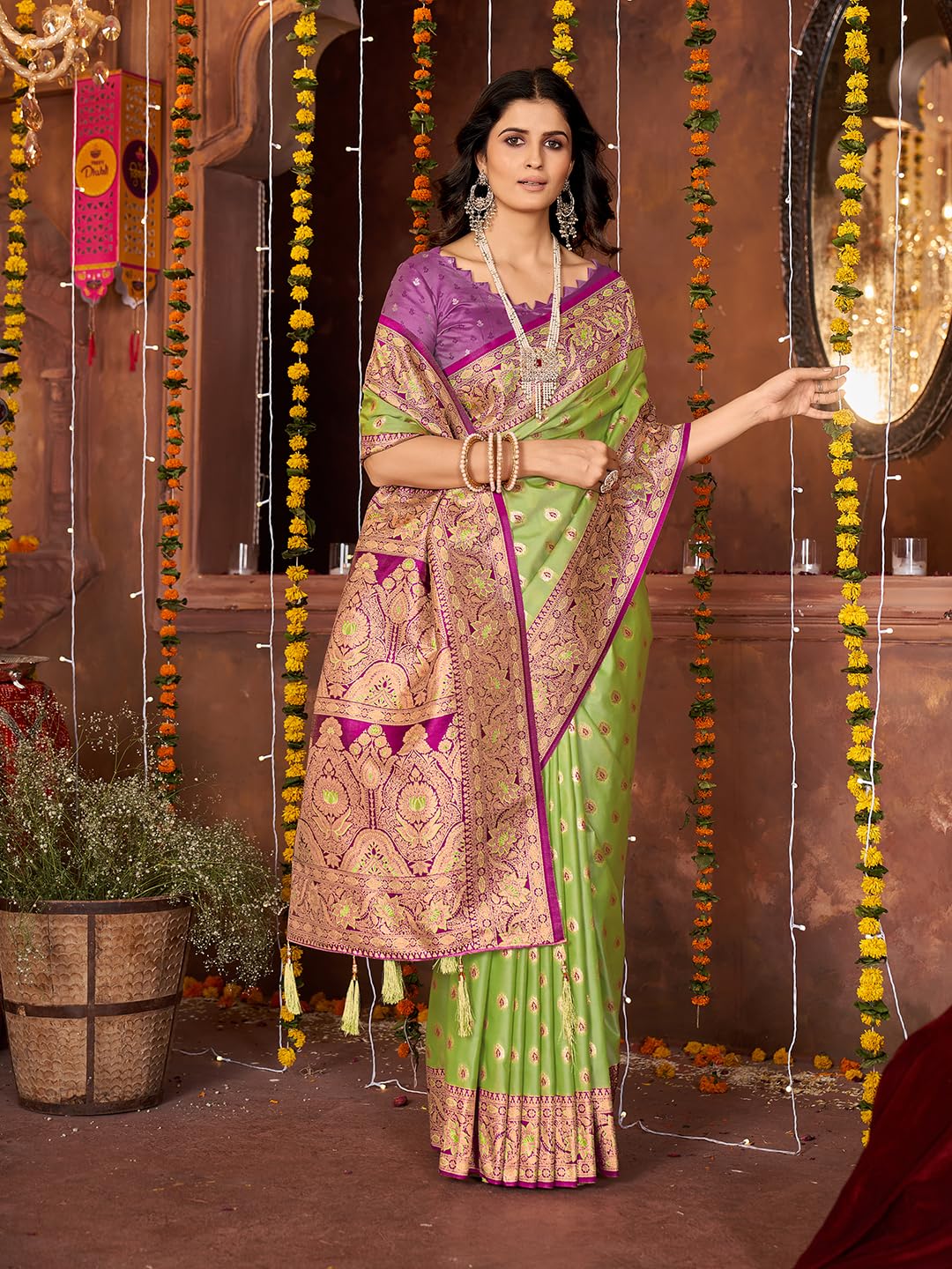 Mehrang Women Ethnic Saree, Silk Blend, Green With Pink Embroidery And Motifs, 6 Metres