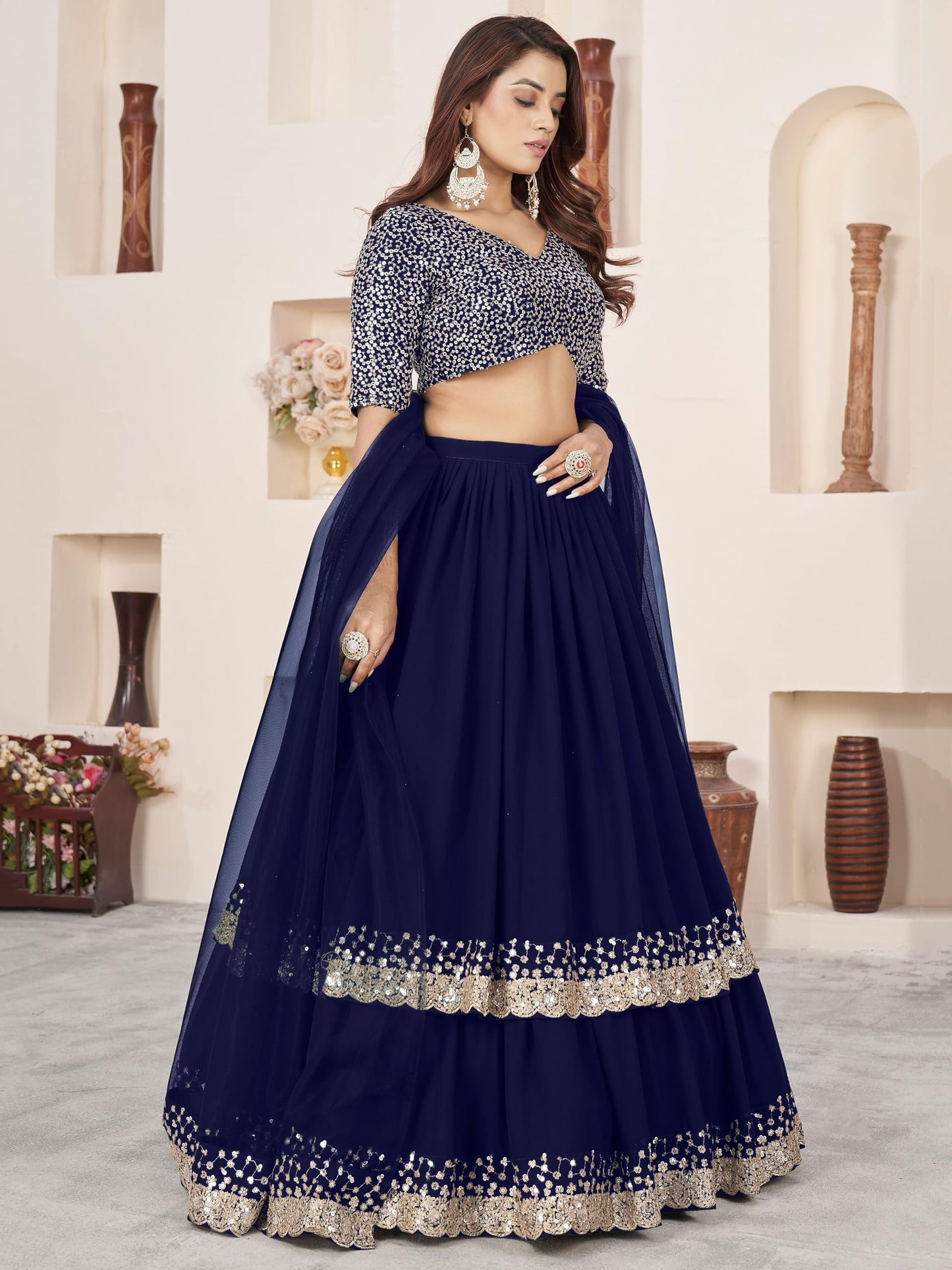 Zeel Clothing Women's Sequins Embroidered Georgette New Lehenga Choli with Dupatta (5066-Blue-Womens-Lehenga-Choli-Latest; Free Size) (Blue)
