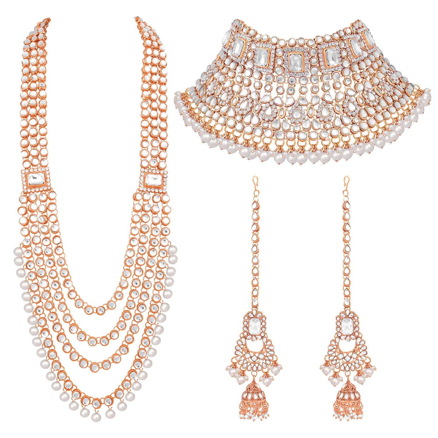 Peora Rose Gold Plated Kundan Crystal & Beads Studded Bridal Necklace Earrings Maangtikka Paso Hath Panja Nathiya Jewellery Set for Women