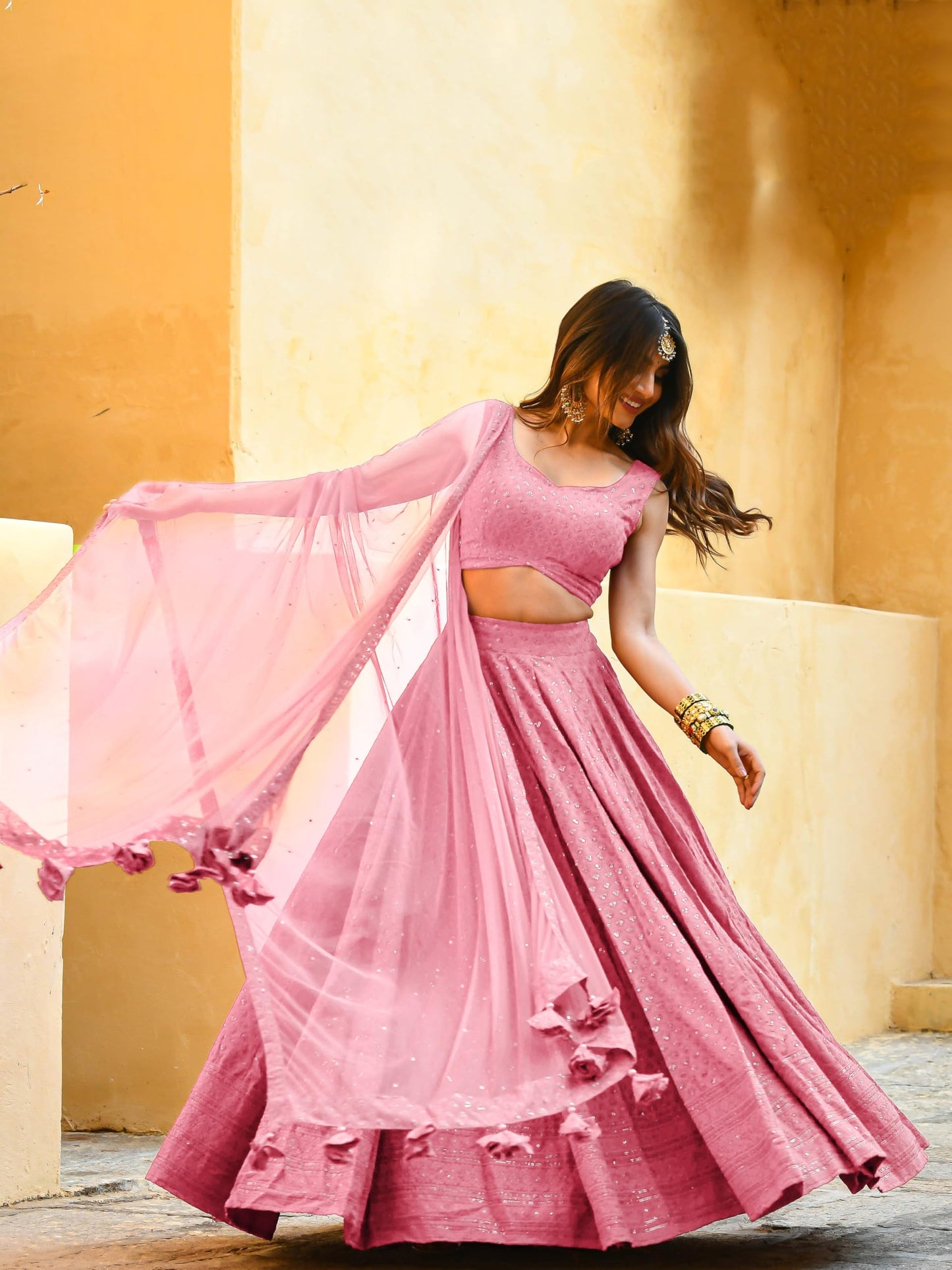 Zeel Clothing Women's Georgette Semi-stitched Sequins Thread Embroidered Lehenga Choli With Dupatta (5124-Light-Pink--Lehenga-Choli; Free Size) (Light-Pink)