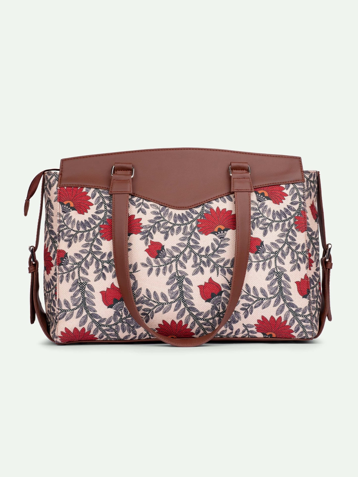 ZOUK Nawabi Couture Floral Printed Jute Vegan Leather Beige and red Women's Office Work Bag With Double Handles Strap