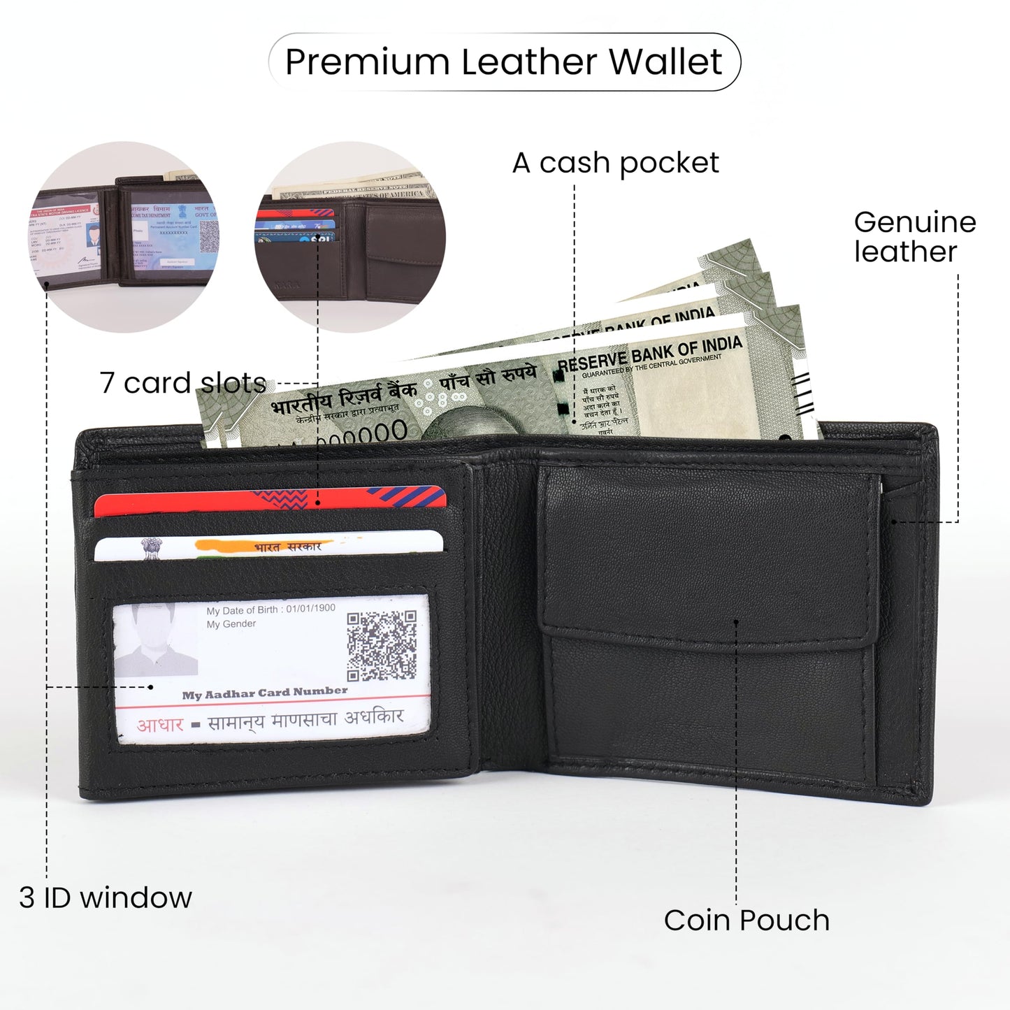 KARA Black Men's Genuine Leather Wallet – Bifold, 2 Cash Compartments, Coin Pocket, 10+ Card Slots, Hidden & Transparent Flip Sections