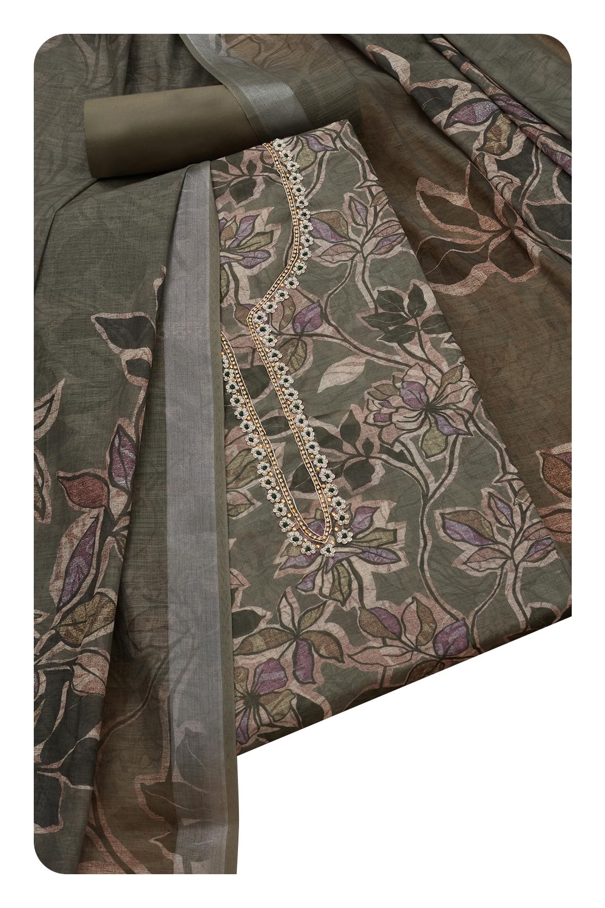 Soch Womens Olive Linen Floral Unstitch Dress Material With Beads And Stones