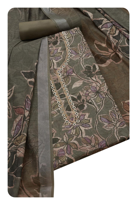 Soch Womens Olive Linen Floral Unstitch Dress Material With Beads And Stones