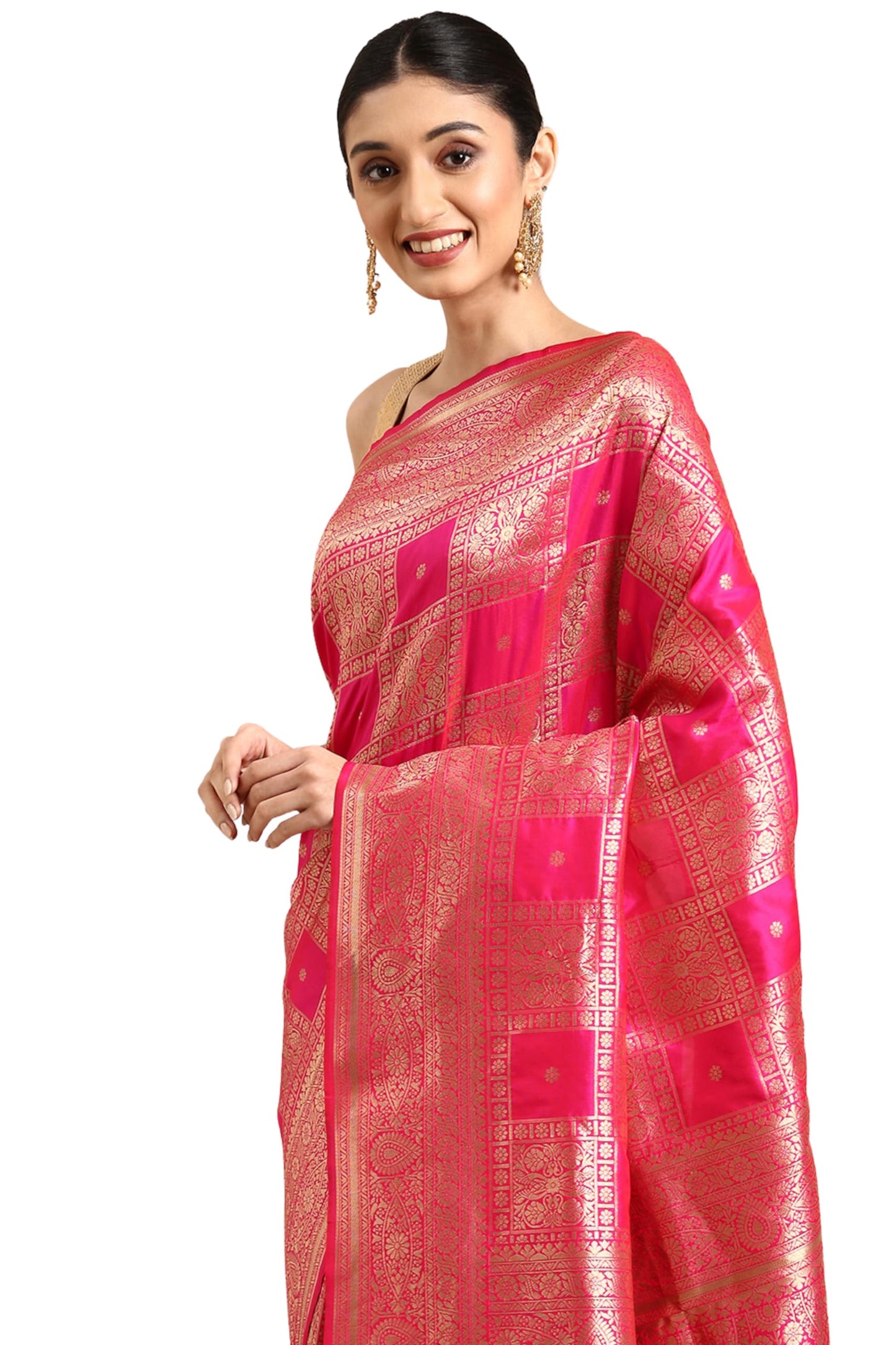 AMIRAT Women's Banarasi Silk Woven Zari Saree | Banarasi Silk New Look And Heavy Designer Saree With Unstitched Blouse Piece (Pink)