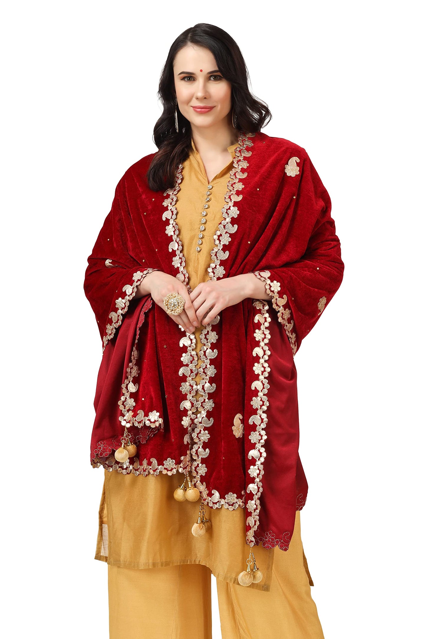 A R Silk Women's Maroon Velvet Stone Work & Four Side Gotta Patti Work With Gotta Patti Lace Fancy Dupatta(ARS0746)