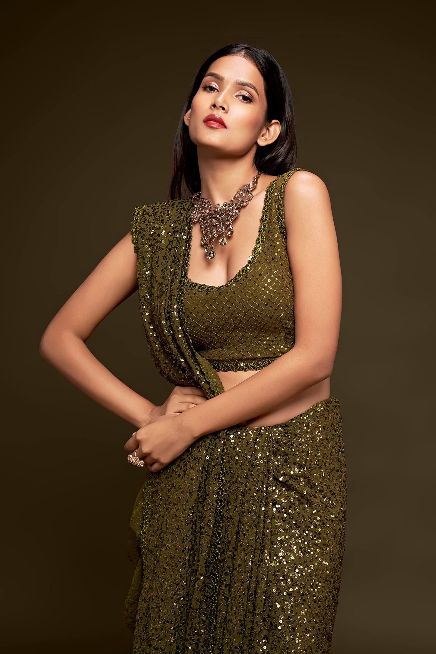 TRENDMALLS Women's Georgette Embroidery Sequin Work Saree with Unstitch Blouse Piece (K951-Mehndi)