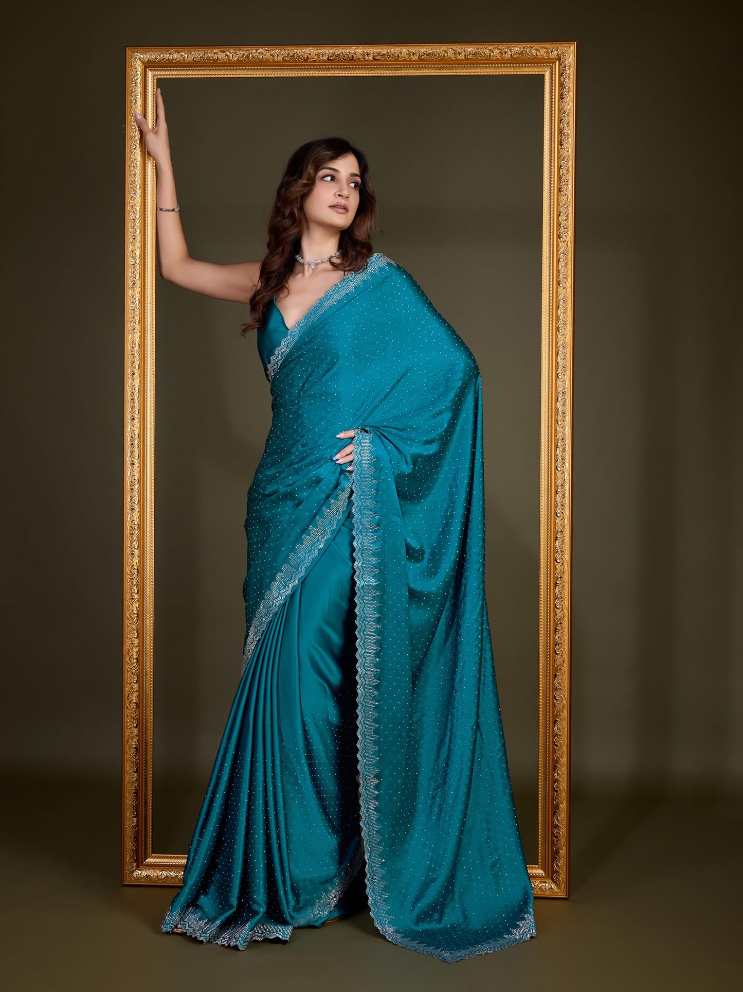 TRENDMALLS Women's Satin Silk Siroski Work Saree with Unstitch Blouse Piece (K1109-Morpeach)