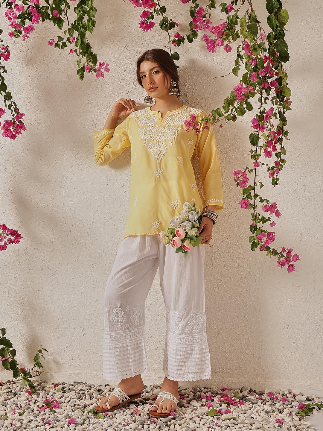 Ada Lucknow Chikankari Hand Embroidered Ethnic Wear White Cotton Palazzo Pant for Women A711170 (L, White)