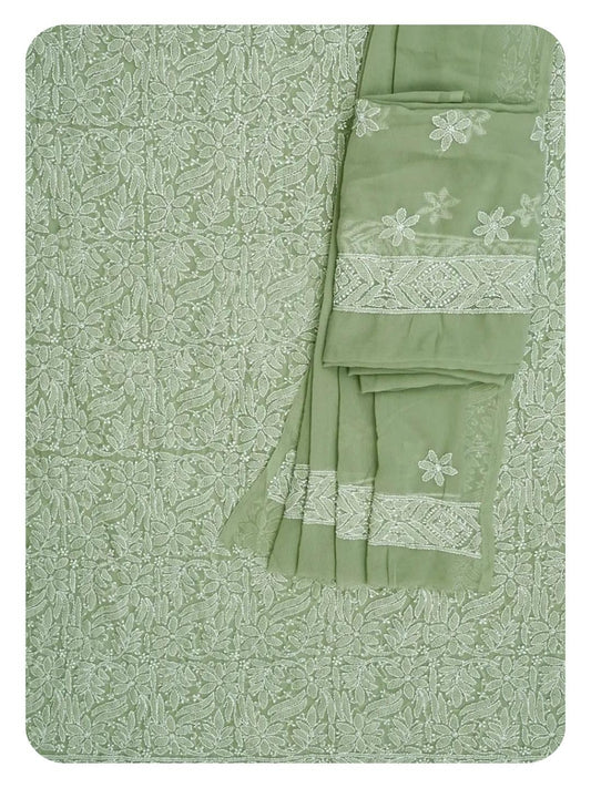 Ada Hand Embroidered Lucknowi Chikankari Unstitched Georgette Dress Material Suit Piece with Dupatta for Women 01A867806 Moss Green