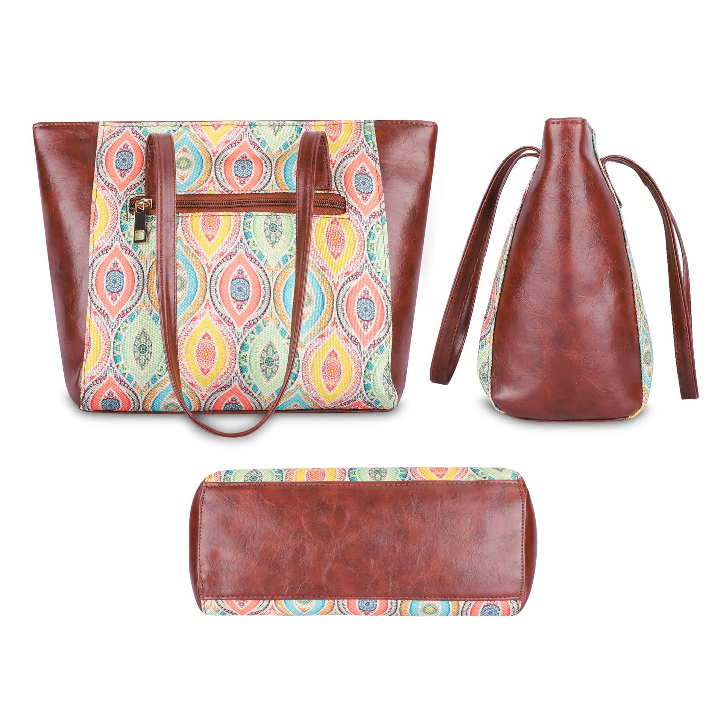THE CLOWNFISH Valentine Printed Handicraft Fabric & Faux Leather Handbag for Women Office Bag Ladies Shoulder Bag Tote for Women College Girls (Multicolour Design)