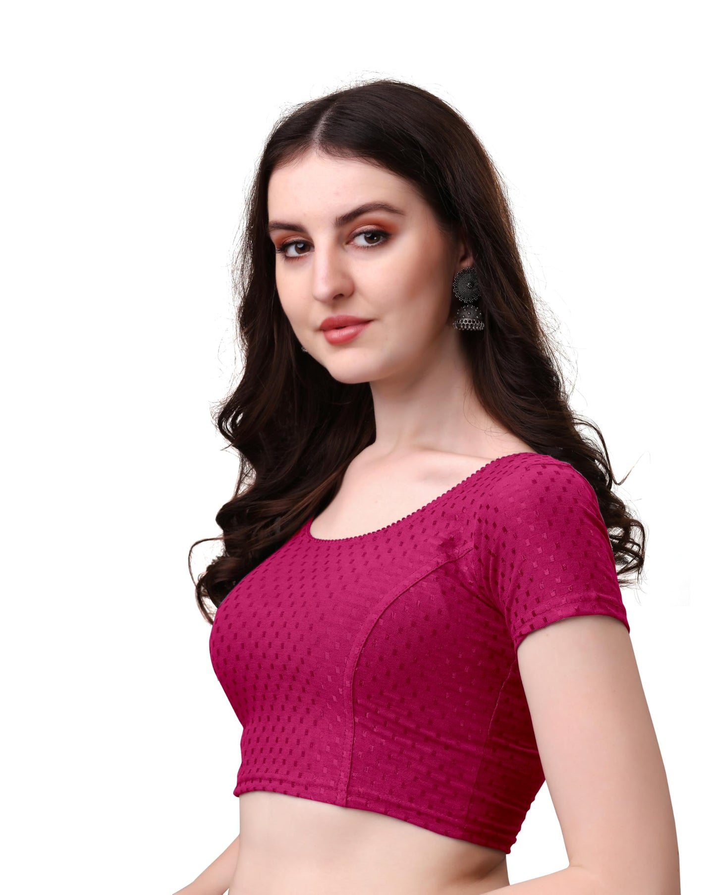 Mogsa Stylish Cotton Saree Blouse for Women | Soft Dobby Stretch Fabric | Round Neck | Stitched Blouse for Party, Casual & Festive Use (Pink, 34)