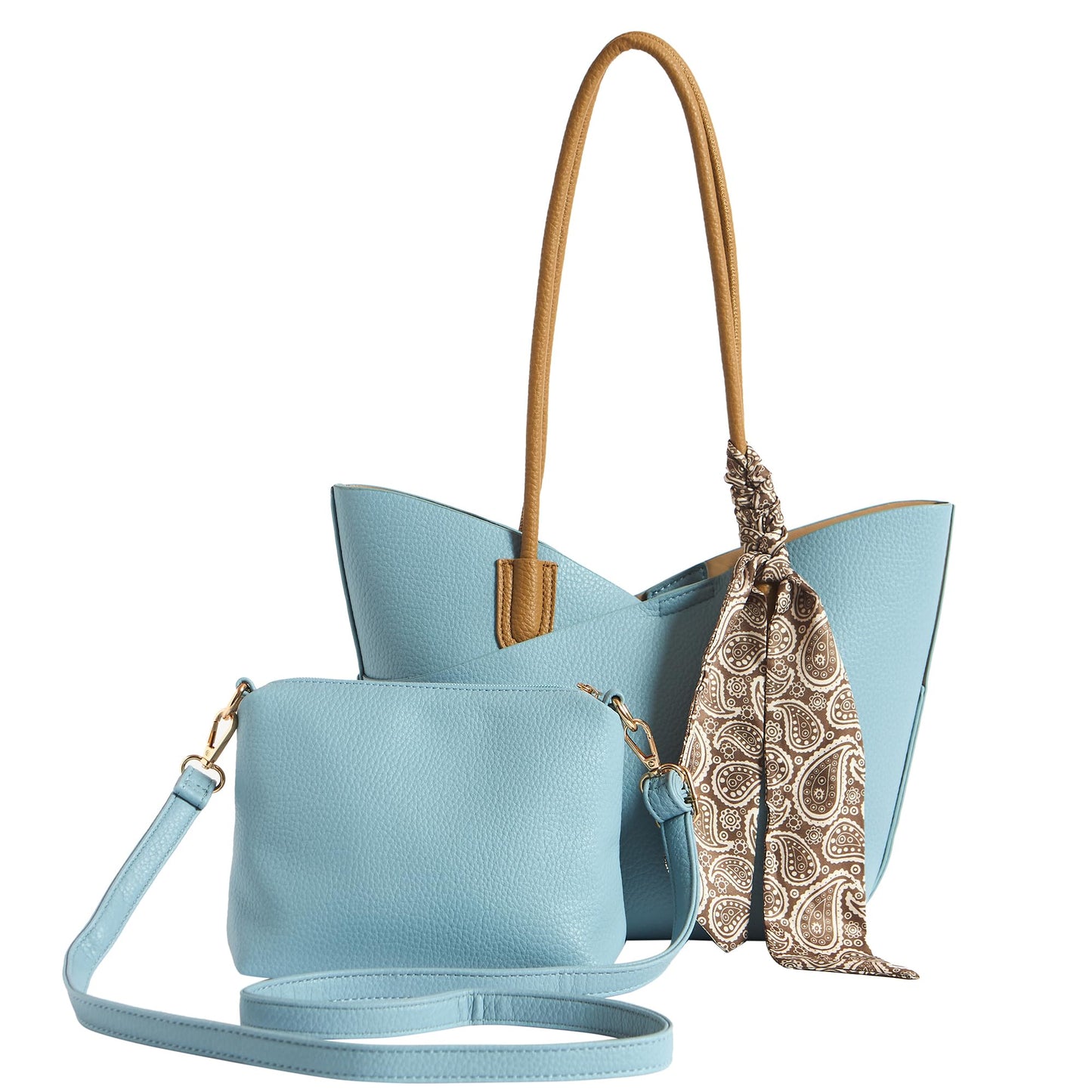 Chumbak Skies Tote with Shoulder Strap & Scarf | Powder Blue | Multipurpose Hand Bag with Pouch for Shopping | Hand Held Bag for Women and Girls | Solid Colour Handbag