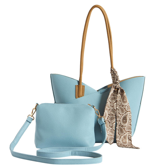 Chumbak Skies Tote with Shoulder Strap & Scarf | Powder Blue | Multipurpose Hand Bag with Pouch for Shopping | Hand Held Bag for Women and Girls | Solid Colour Handbag