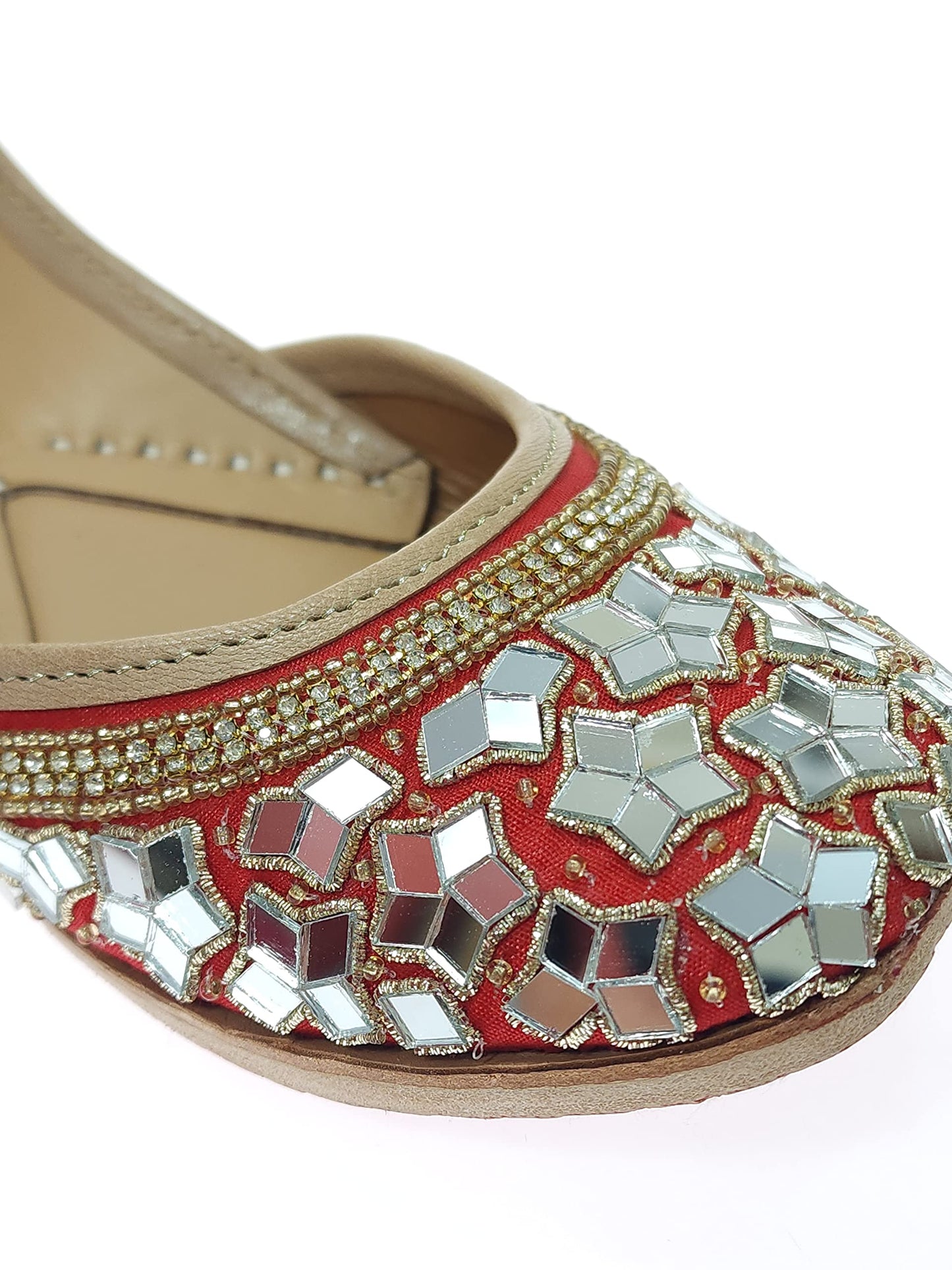 Fulkari Women's Mirror Flower Genuine Soft Leather Embroidered Jutis | Bite and Pinch Free Jutti | Punjabi Formal Juttis | Girl's Wedding Flat Ladies Mojari | Formal Ethnic Juti |