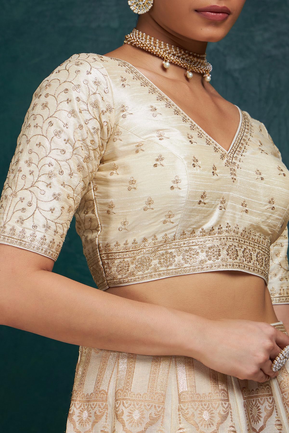 Soch Womens Cream Zari Embroidery Padded Silk Blend Blouse with Sequins