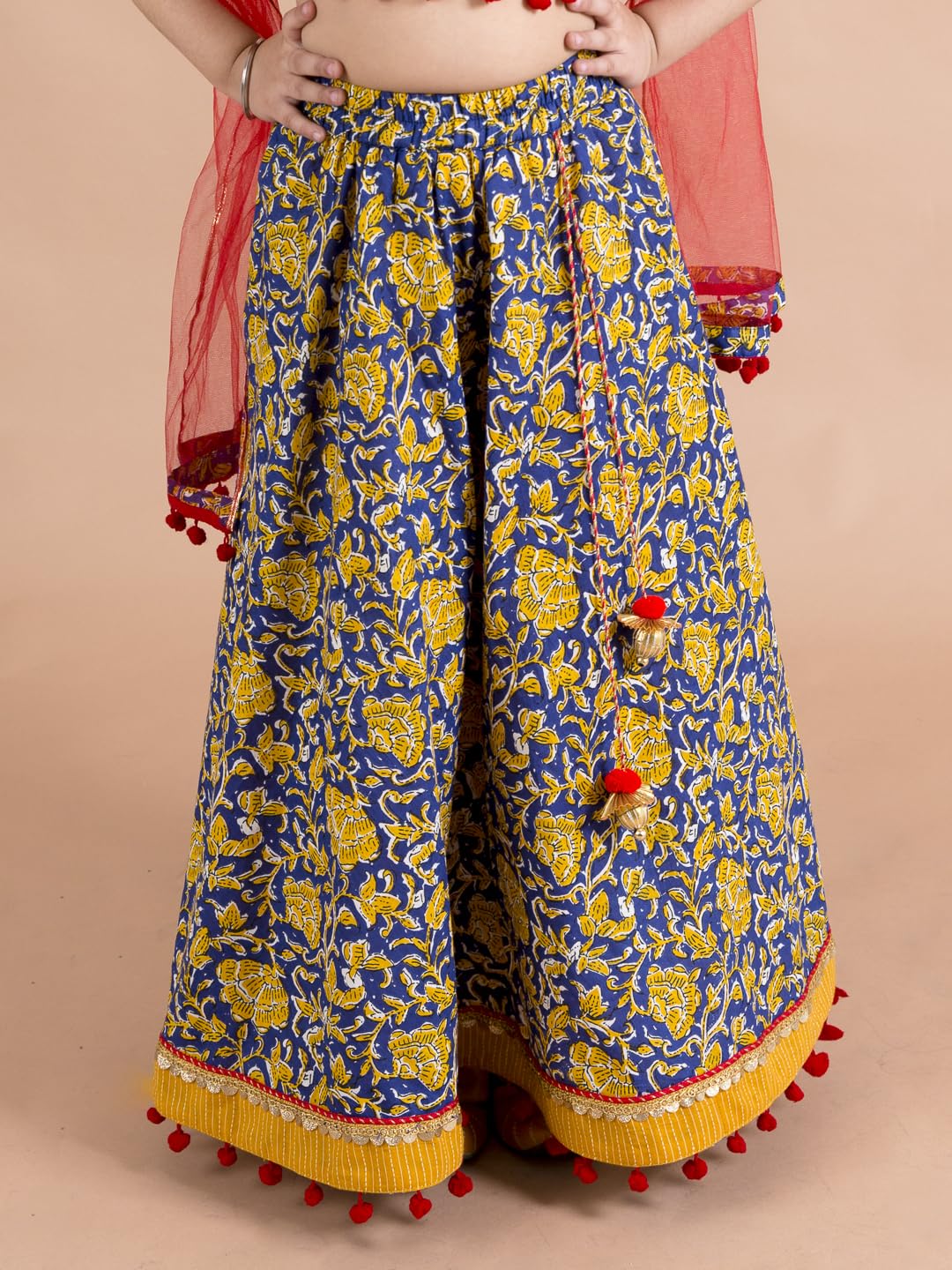 Pspeaches Girls Cotton Navy Blue Mustard Embroidered Ready To Wear Readymade Lehenga Set Blouse With Dupatta (Blue-8-10Y), 8-10 Years