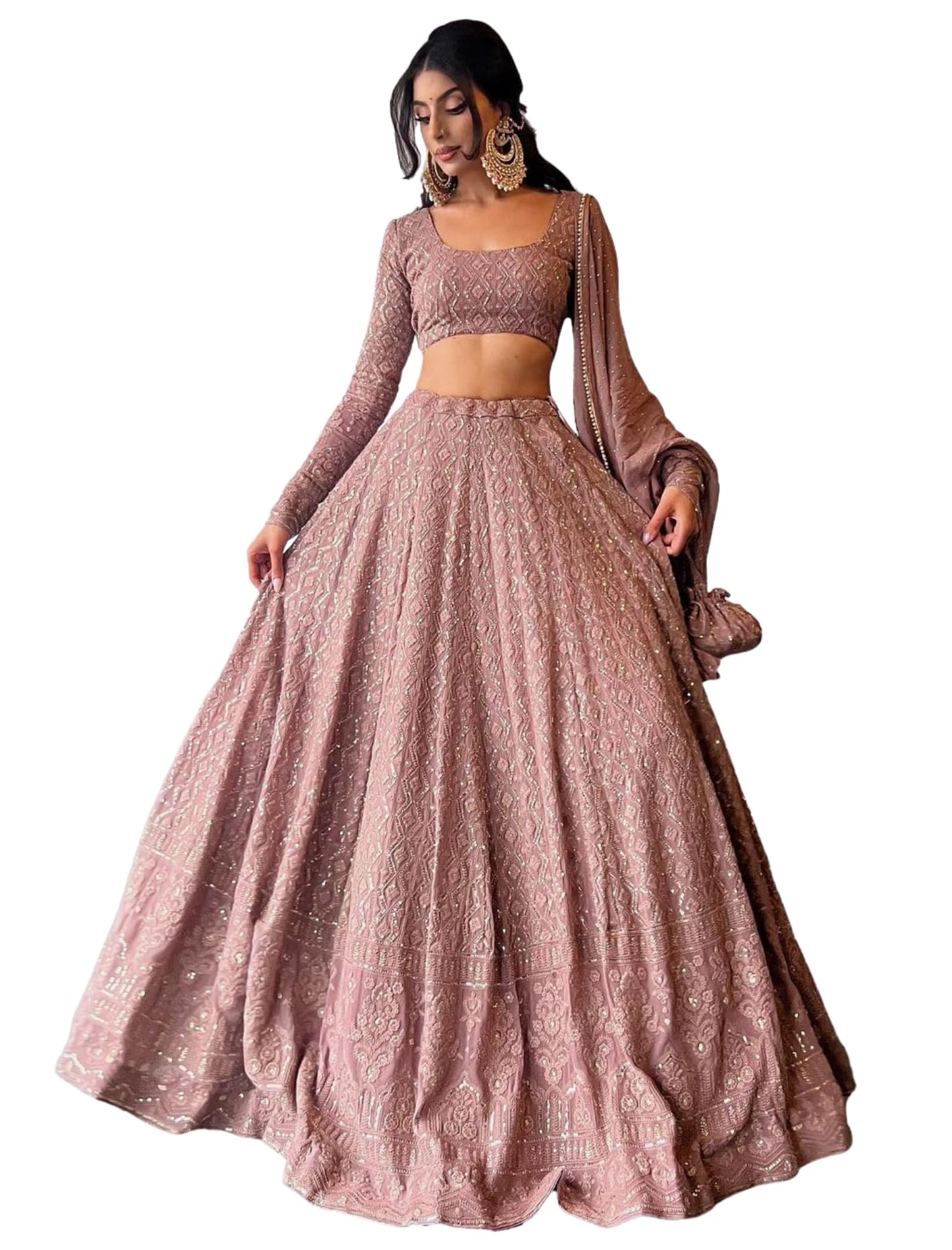 JIHU CULTURE Pink Georgette Sequence Lucknowi Embroidery Work Semi sttiched Lehenga choli set for women (pink)