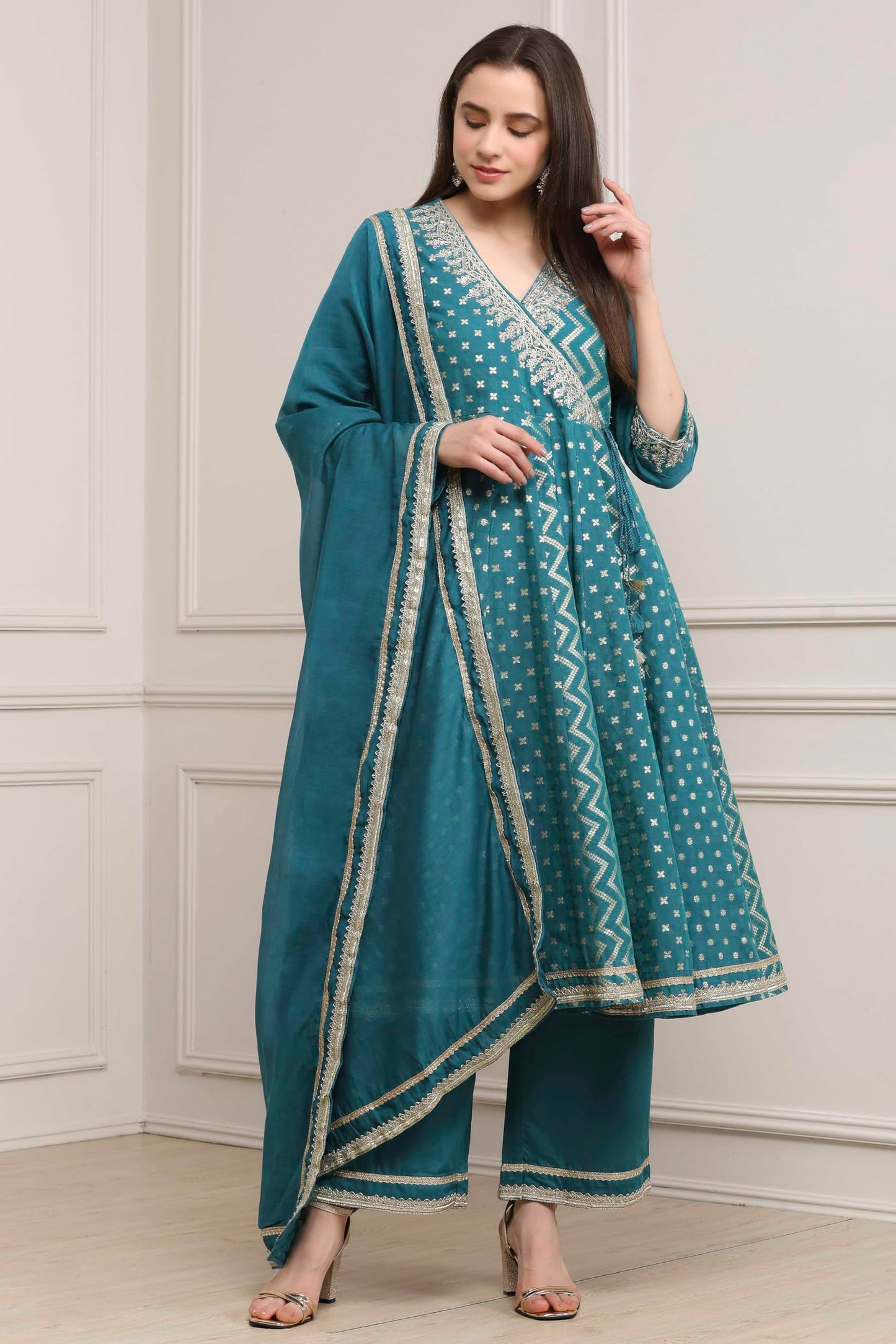 Biba Women Teal Green Poly Cotton Anarkali Suit Set_34