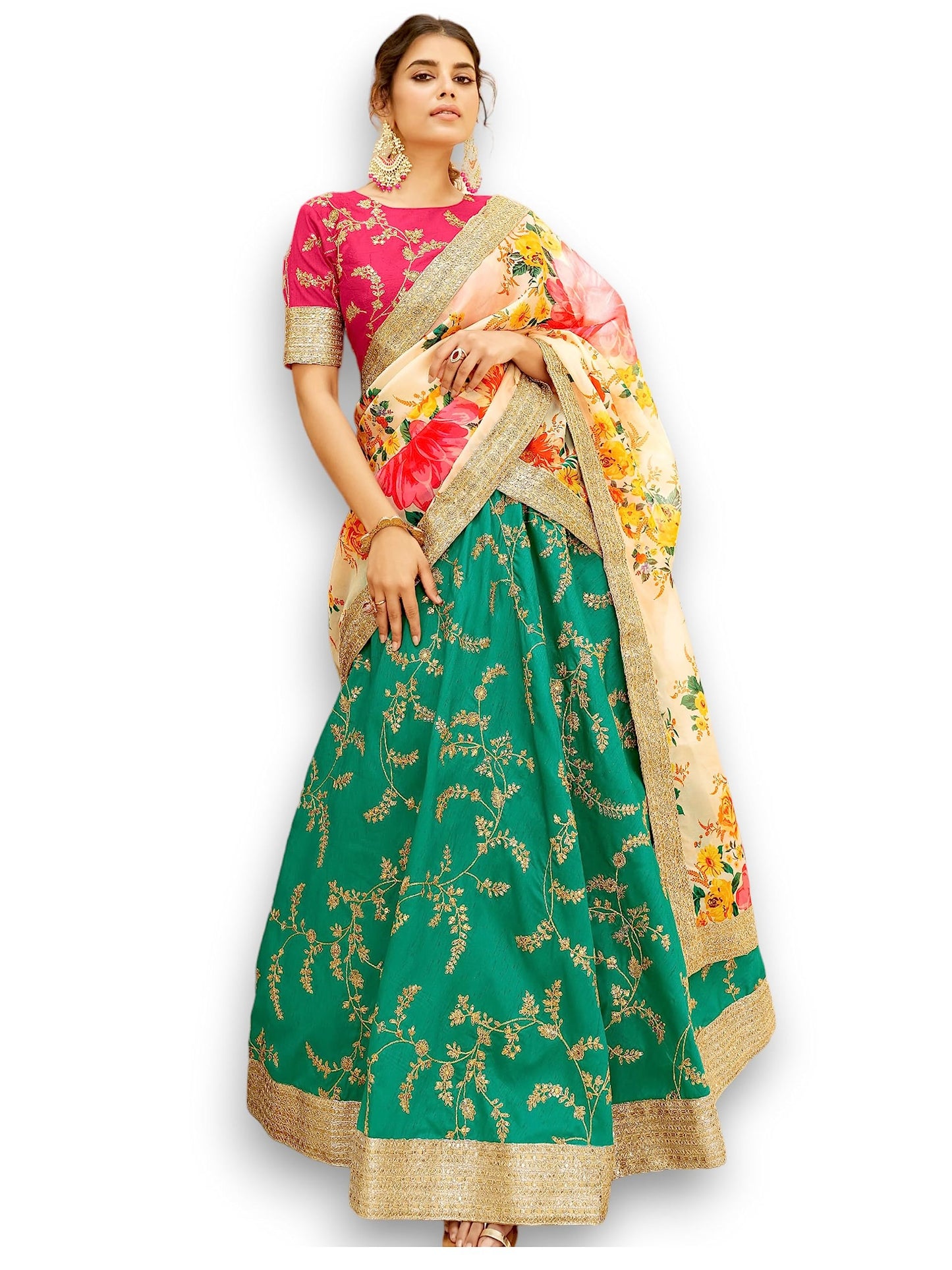 Zeel Clothing Women's Art Silk Semi-Stitched New Lehenga Choli with Dupatta (7424-Green-Wedding-Bridal-Latest-New; Free Size) (Green-Pink)