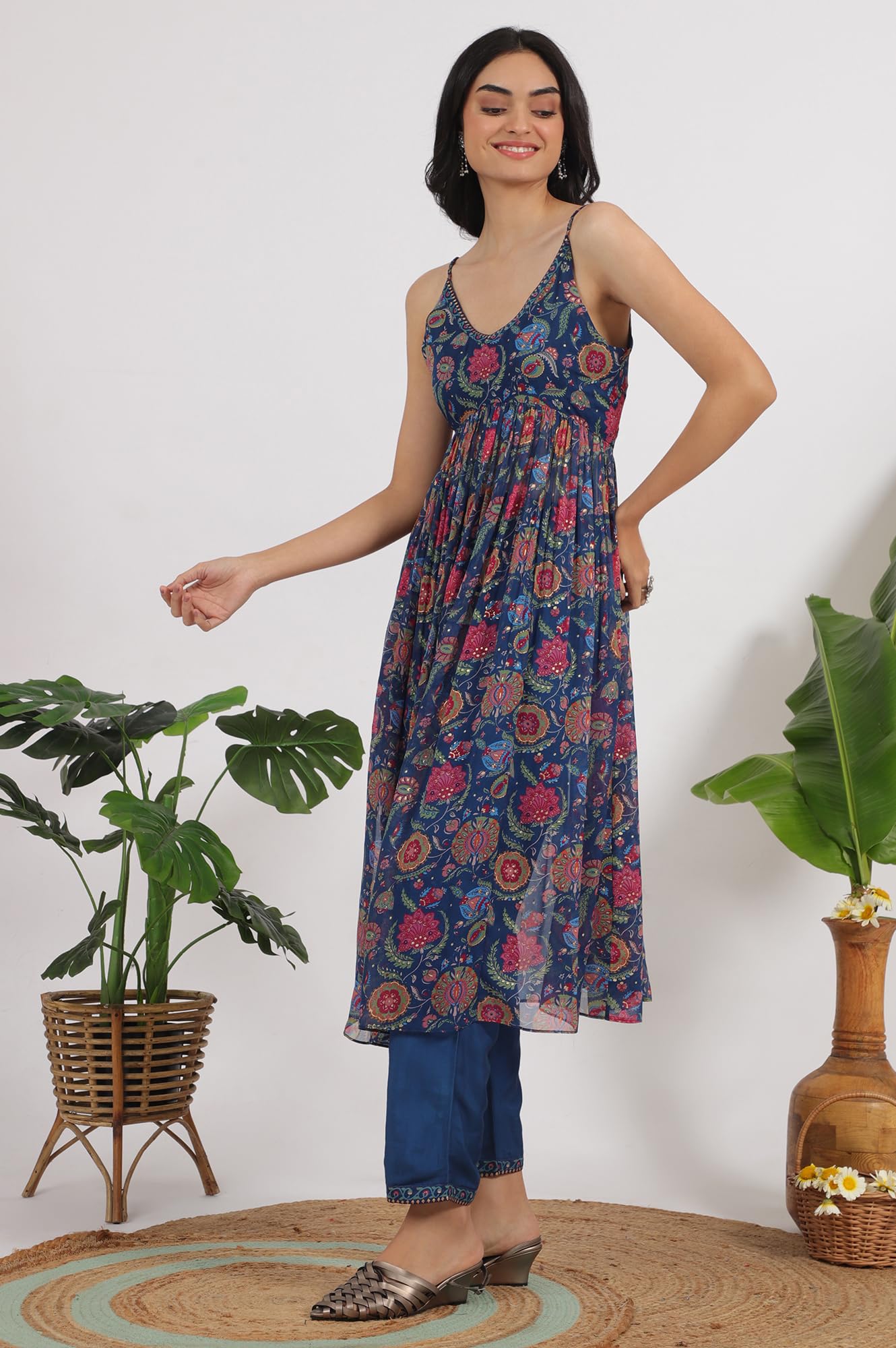 W for Woman Blue Floral Printed Chiffon Spaghetti Gathered Kurta, Pants and Dupatta Set (Size: L)-WS12126-123945