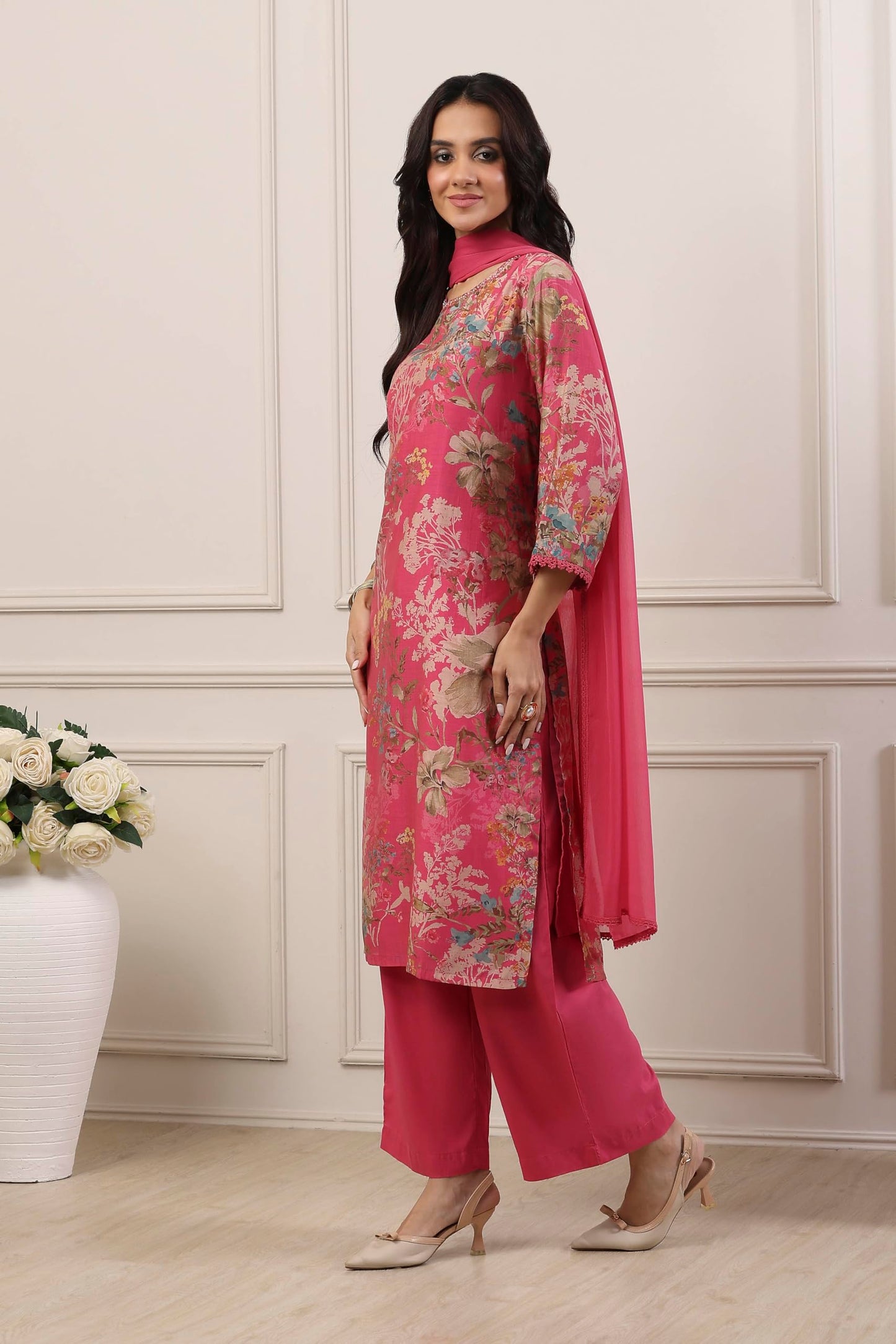 Biba Women Pink Cotton Blend Straight Suit Set_34