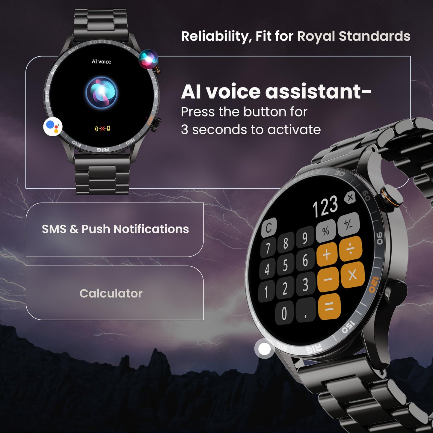 GOBOULT Newly Launched Crown R Pro Smart Watch 1.43''HD AMOLED, BT Calling, Working Crown, Zinc Alloy Frame, 600 Nits Brightness, AI Voice Assistant, SpO2 Monitoring, 120+ Sports Mode (Chrome Rig)