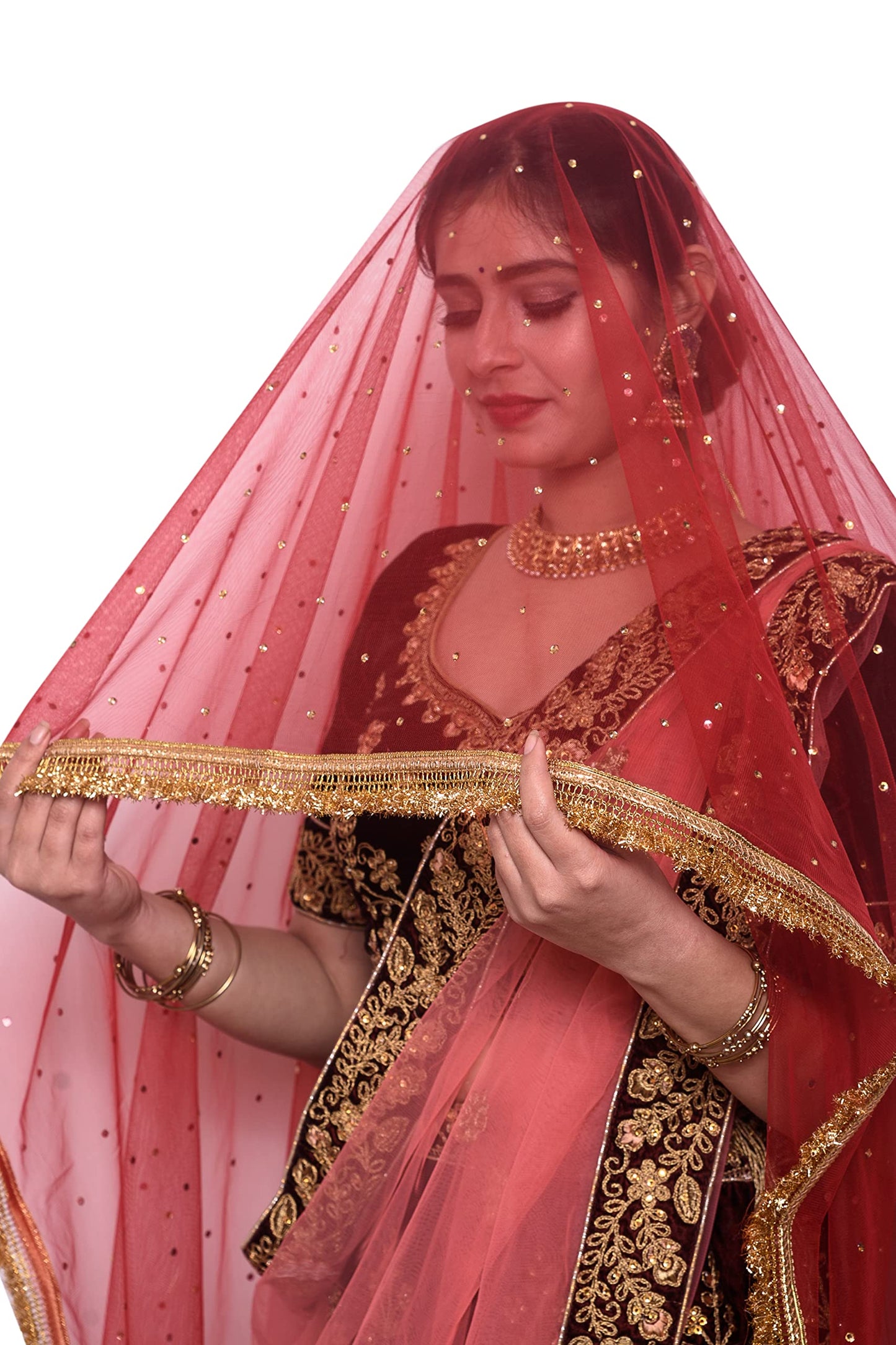 faith visit Women's Self Design Net Dupatta (red-mkda_Red_free size)