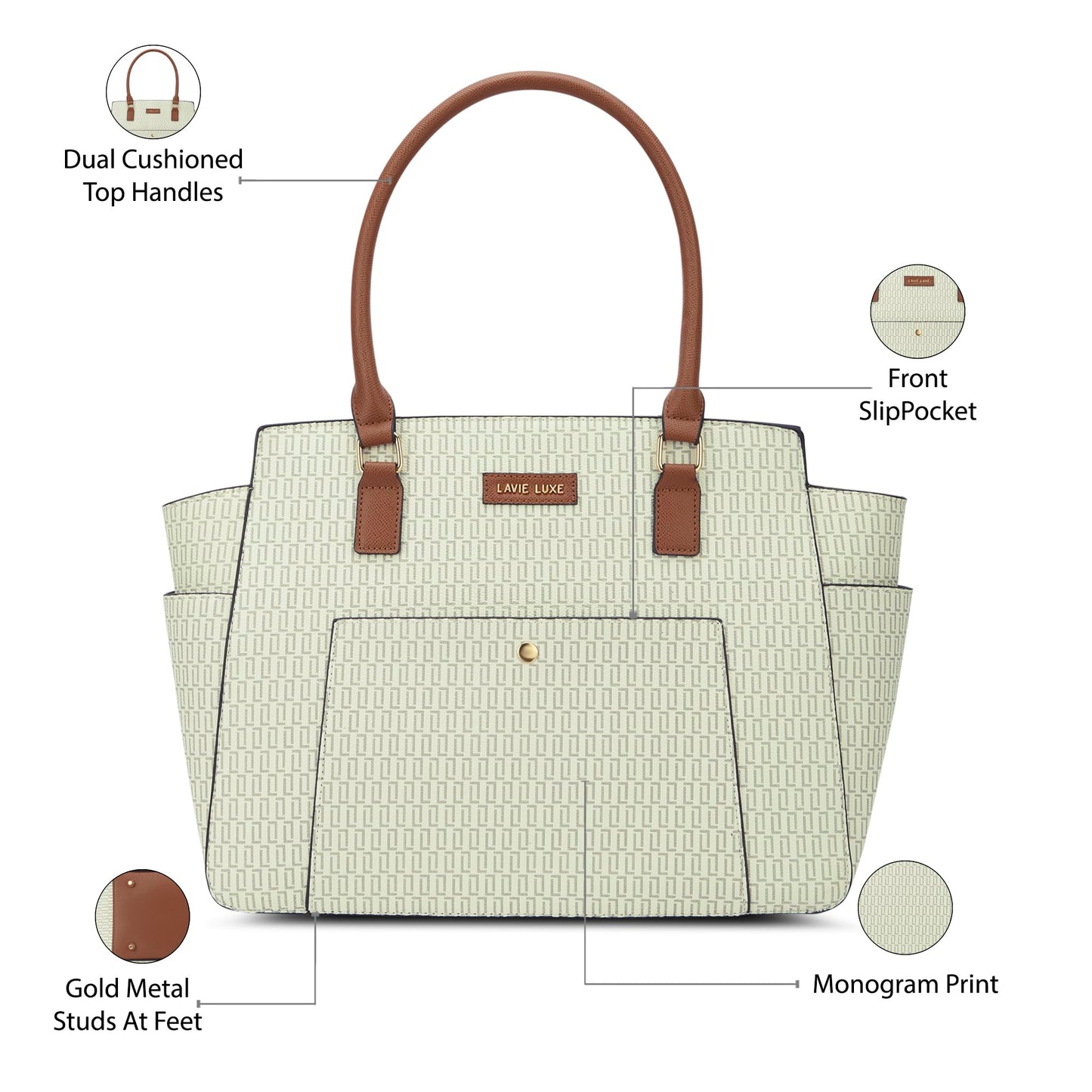 Lavie Luxe Women's Mono Kelly Monogram Print Tote Laptop Handbag for Women | Fits Upto 15 Inch Laptop | Tote Laptop Bag for Work | Ladies purse | Stylish Shoulder Bag | Gift For Women