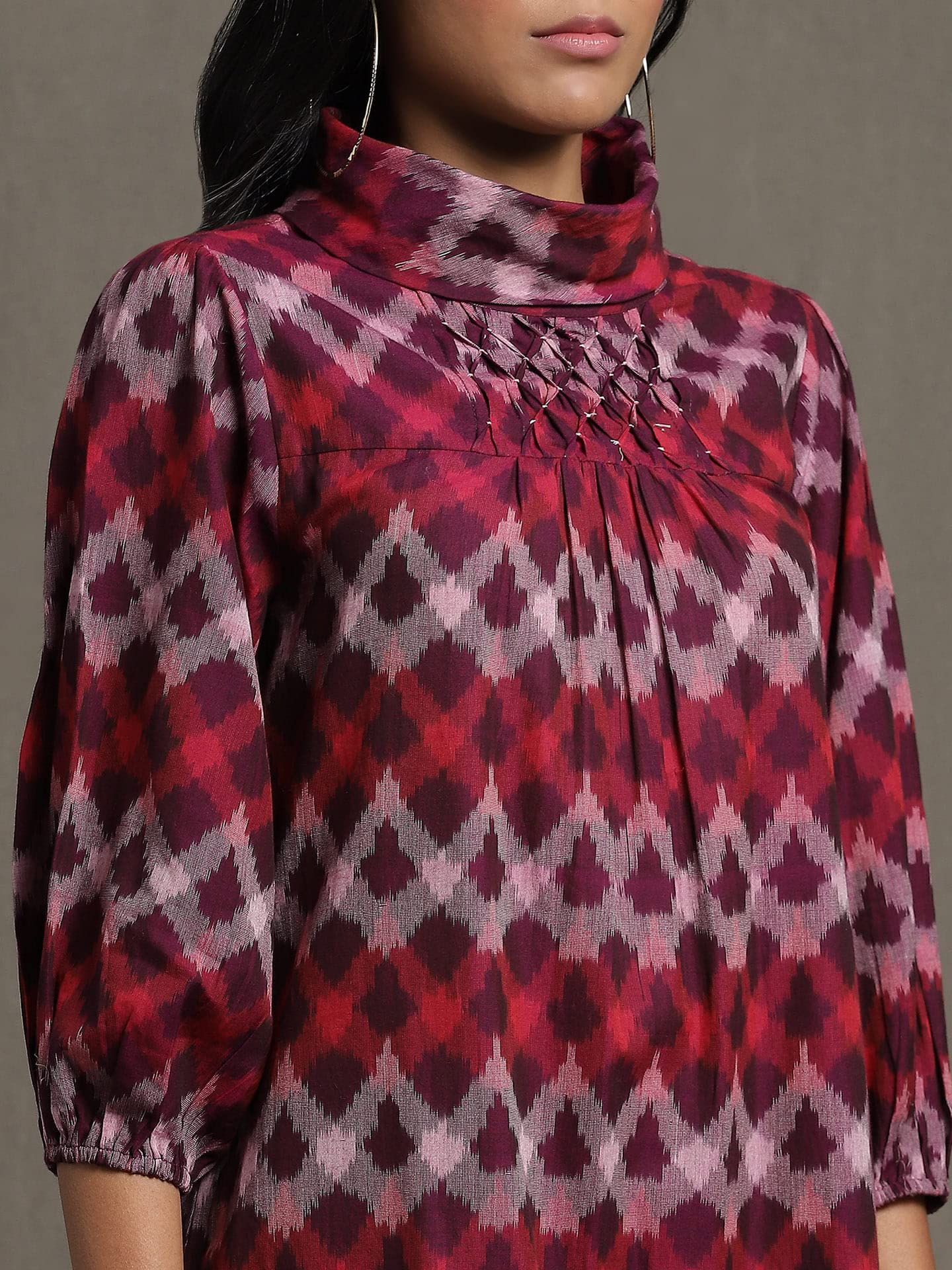 Ritu Kumar Purple Pleated High Neck Midi Dress with Ruffled Hem