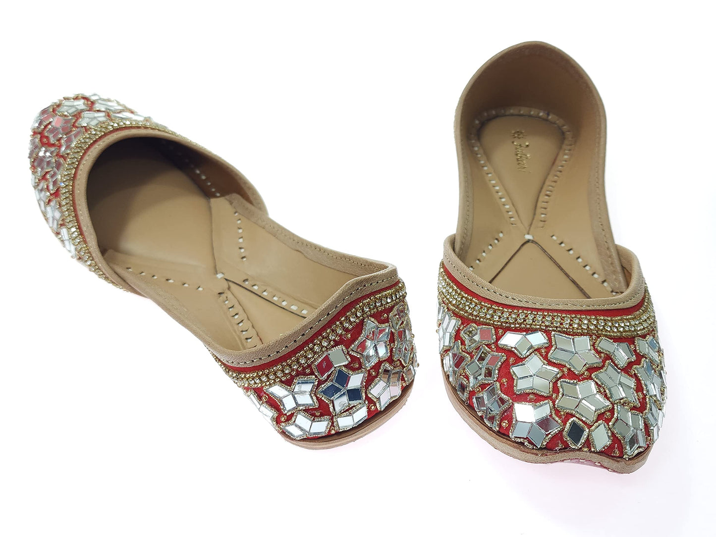 Fulkari Women's Mirror Flower Genuine Soft Leather Embroidered Jutis | Bite and Pinch Free Jutti | Punjabi Formal Juttis | Girl's Wedding Flat Ladies Mojari | Formal Ethnic Juti |