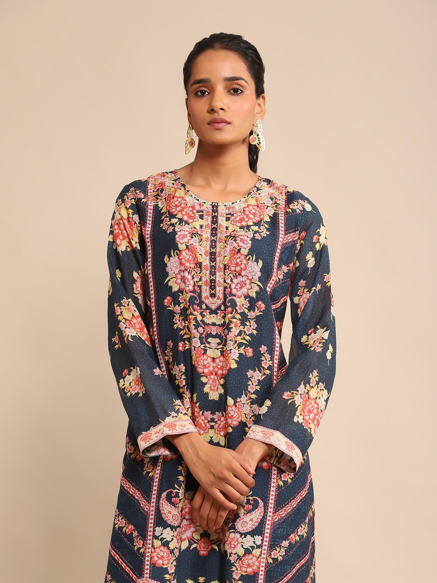 Ritu Kumar Navy Floral Print Chanderi Kurta With Palazzo And Dupatta