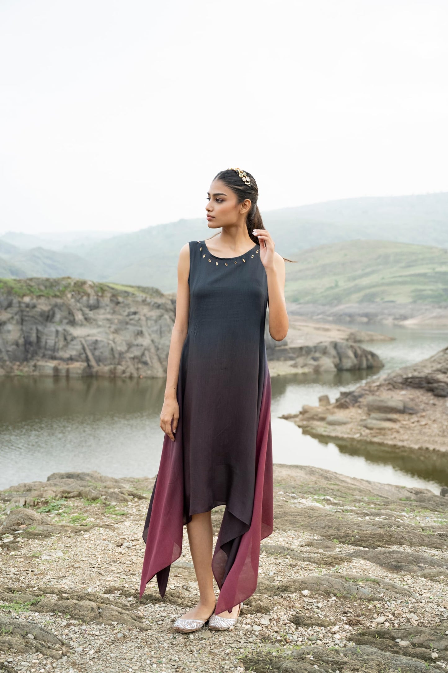 MIORAH Artisanal Ethnic Dress for Women & Girls,Muslin Modal Regular Fit One Piece Dress for Women’s, Sleeveless Round Neck Midi Dress with Hand Embroidery and Metal Sequins (Colour- Ombre, Size- 3XL)