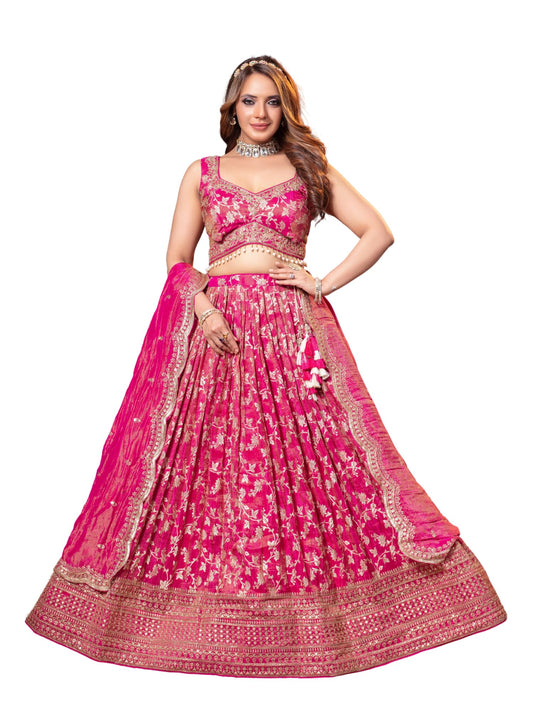 ADHIA Women's Embroidered Lehenga Choli with Dupatta | Silk Blend Wedding Lehenga Set | Traditional Indian Dress (Lehenga, Dupatta, Blouse, Queen pink, Size - L)