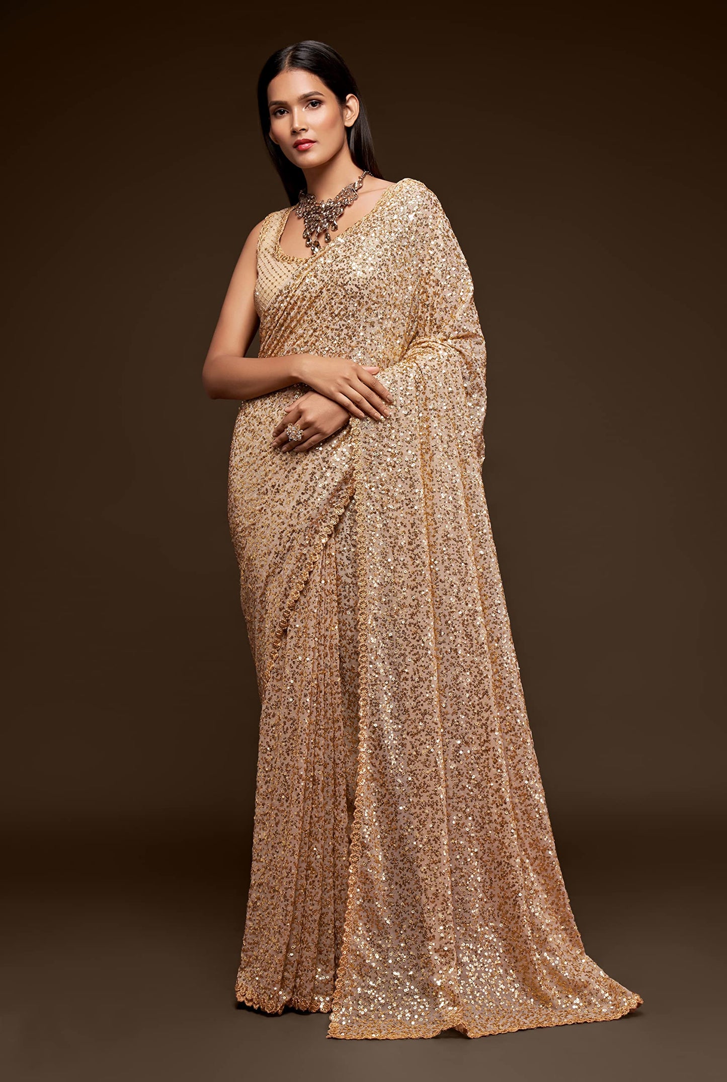 TRENDMALLS Women's Georgette Heavy Sequins Work Heavy Saree with Blouse (Latest-Sequins-Party-Saree) (Beige)