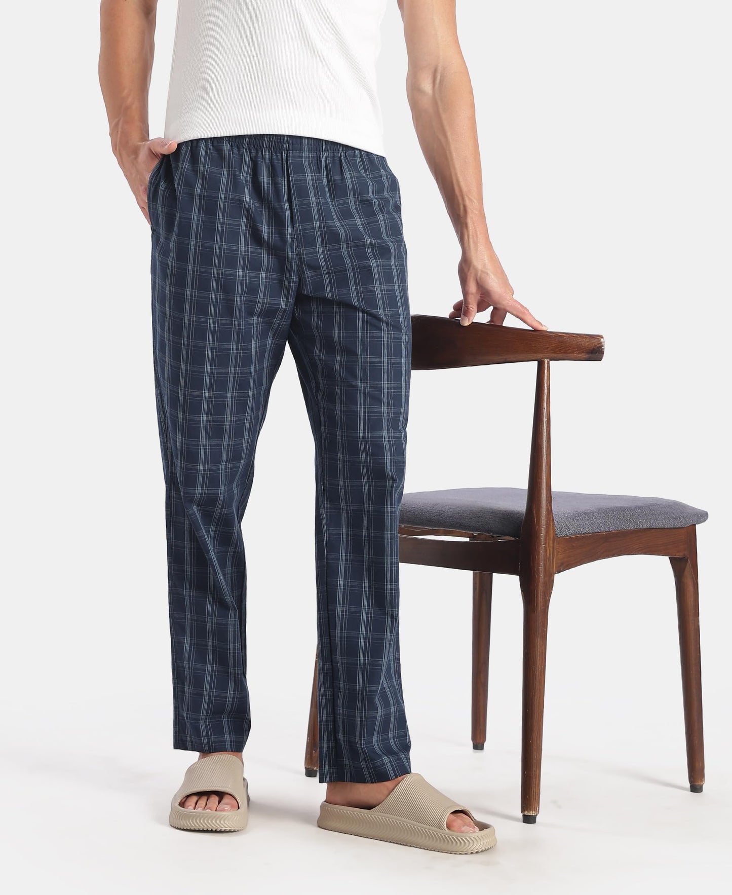 Jockey 9009 Men's Super Combed Cotton Woven Fabric Regular Fit Checkered Pyjama with Side Pockets_New Navy_XXL