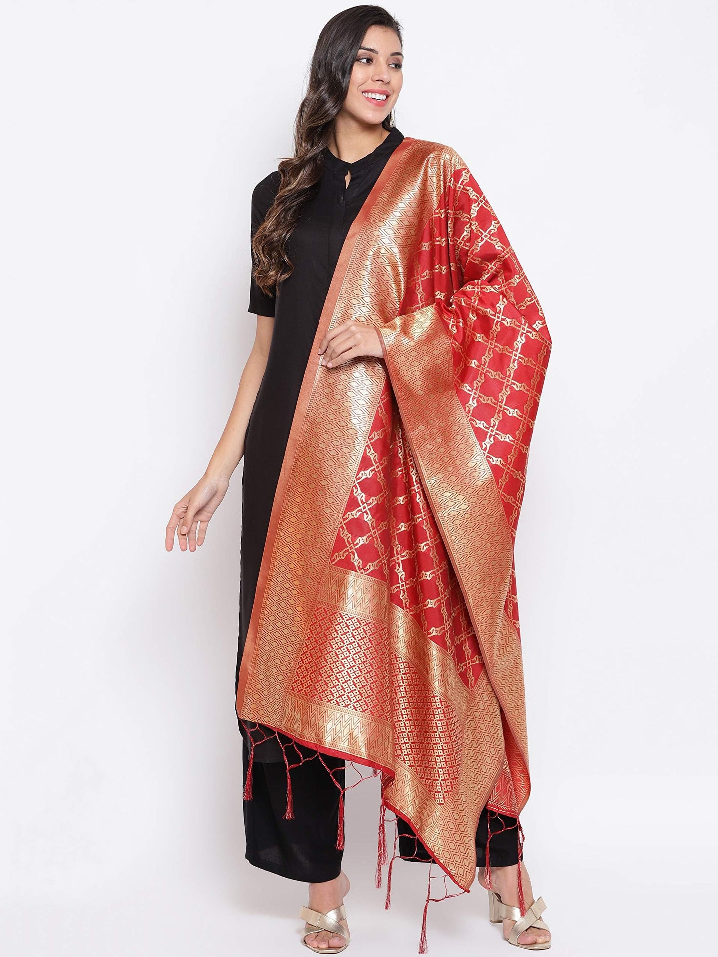 Lilots Women's Banarasi Silk Jacquard Woven Dupatta Gorgeous Printed Chunni (Red), Free Size