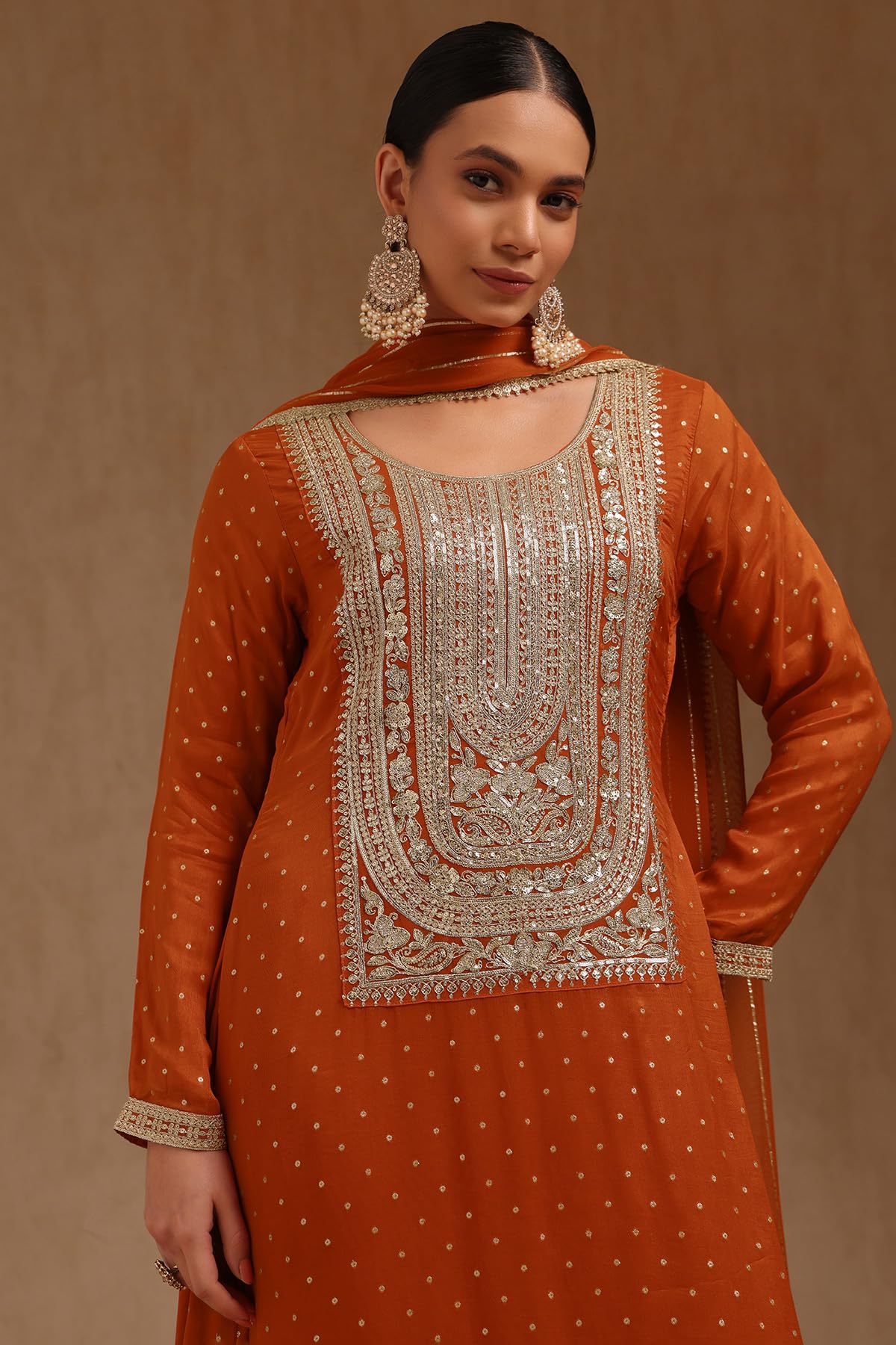 Soch Womens Orange Georgette Sequin Embellished Salwar Suit