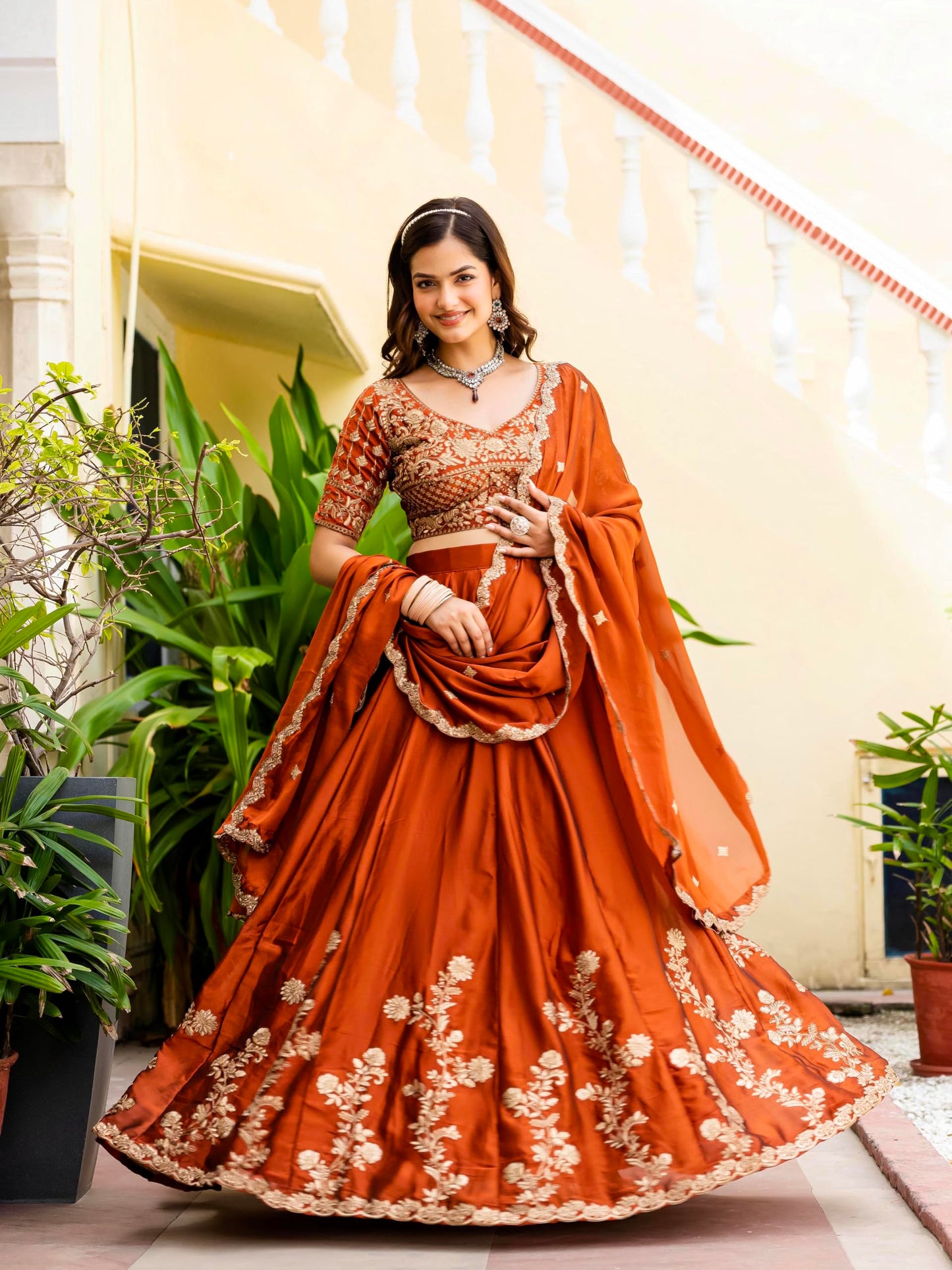 JIHU CULTURE Orange Silk Zari Sequence Embroidery Work Semi Sttiched Lehenga Choli For Women's.