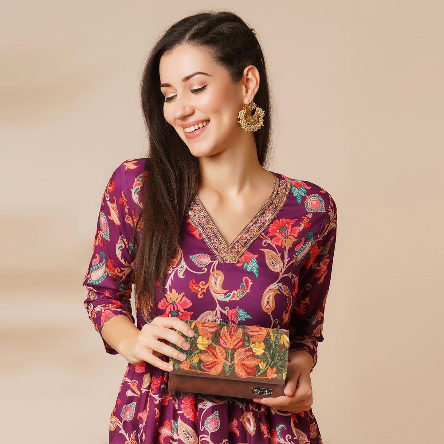 VELUCIA Womens Embroidered Floral Clutch Purse, Gold Design, Ladies Wallet (Tan)