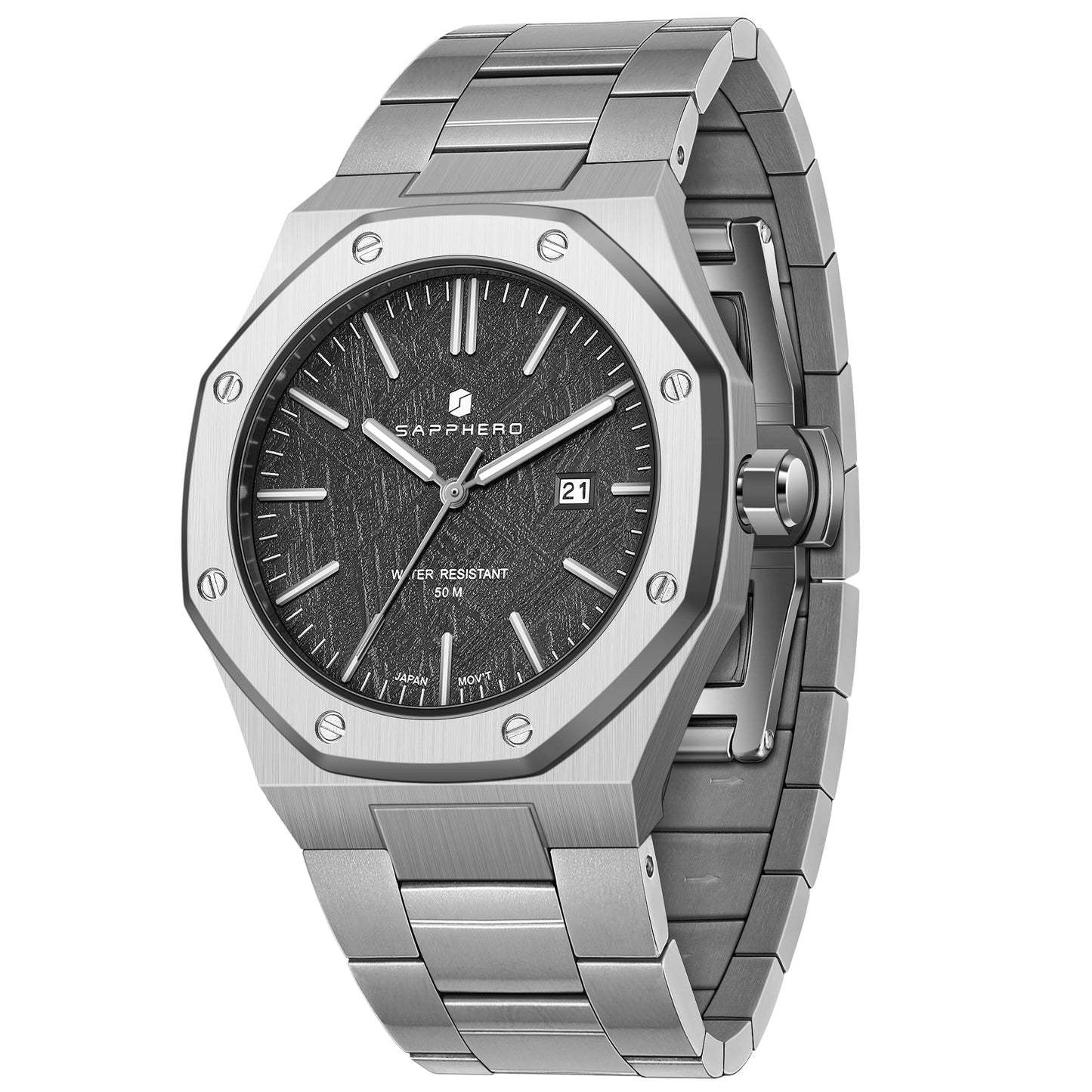 SAPPHERO Men's Watch Octagonal Stainless Steel 30M Waterproof Luminous Wristwatch Luxury Analog Quartz Watch for Men with Date Elegant Mens, Silver and black