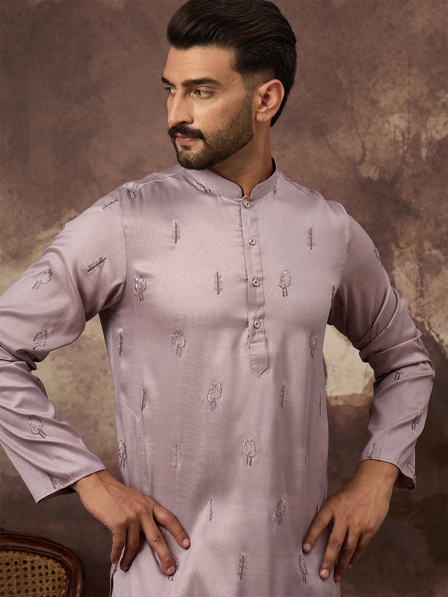 Ethnic Bay Men's Lavender Silk Blend Solid Embroidered Calf Length Kurta's | Embroidered Kurta for Men | Straight Fit Kurtas for Mens (MKU1333, S)