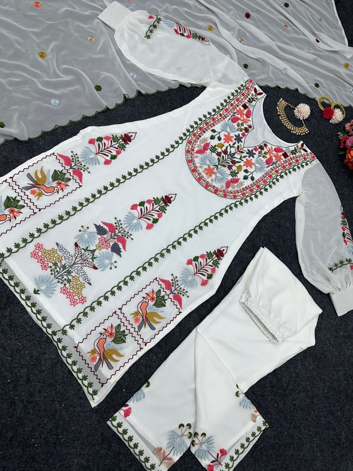 YAZU Women's Georgette Hand Embroidered White Kurta Set with Dupatta | Readymade Kurta with Palazzo Set (Large, White)