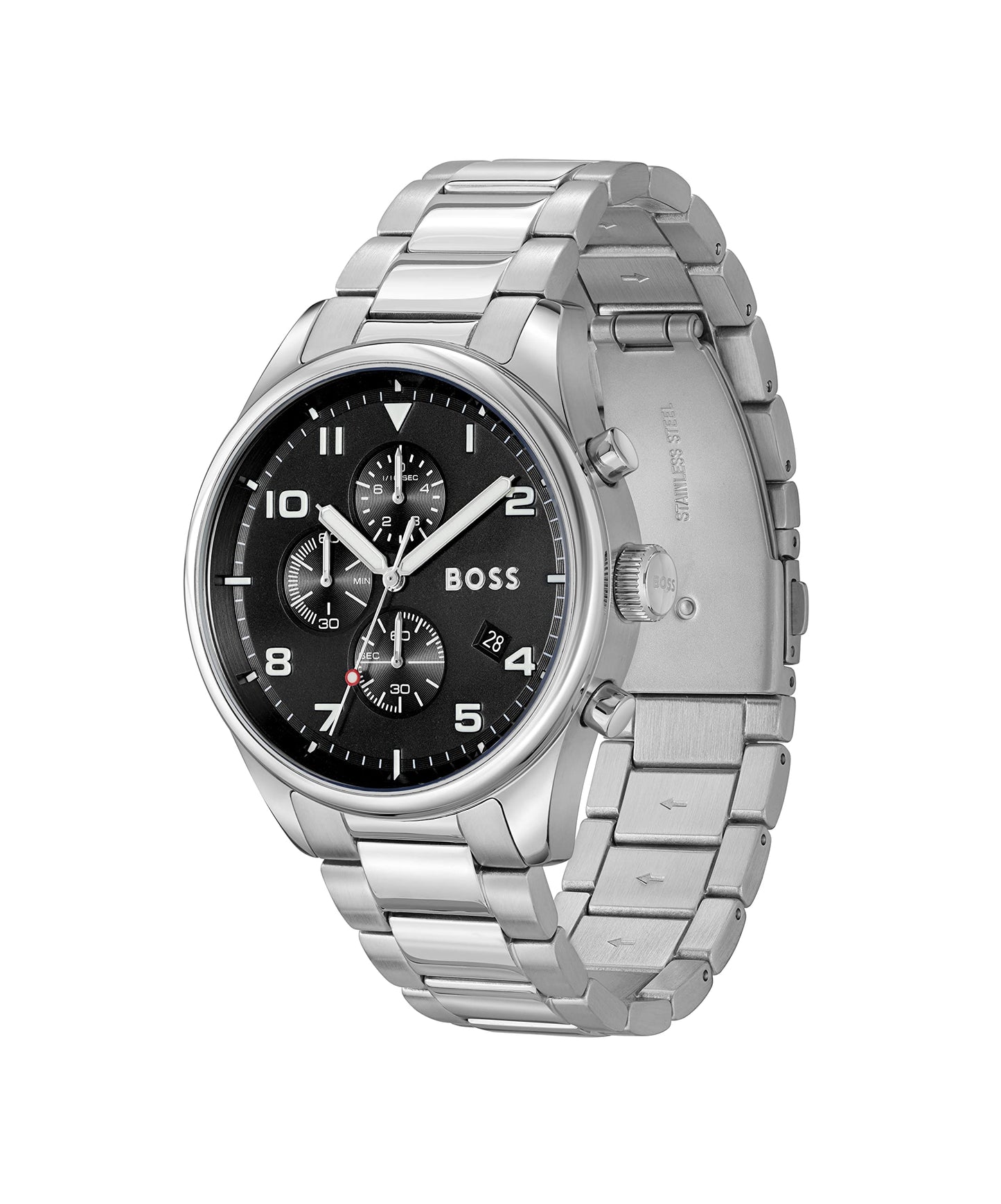 BOSS View Qtz Fashion Chrono Black Round Dial Men's Watch|Stainless Steel Material|Silver Color Band - 1514008