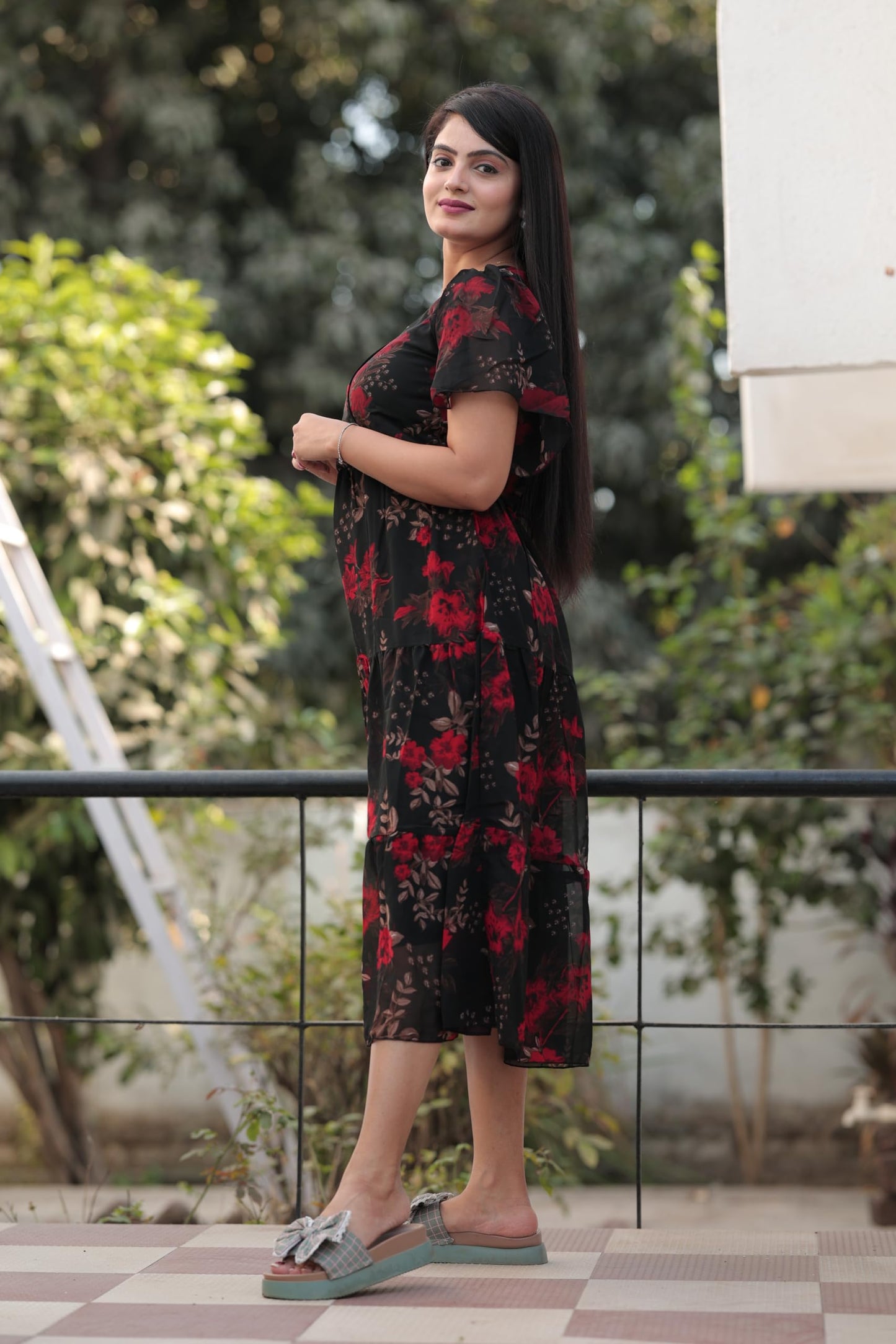 HOSI Georgette Fit and Flare Below The Knee One Piece Maxi Dresses Midi Dress for Women Black