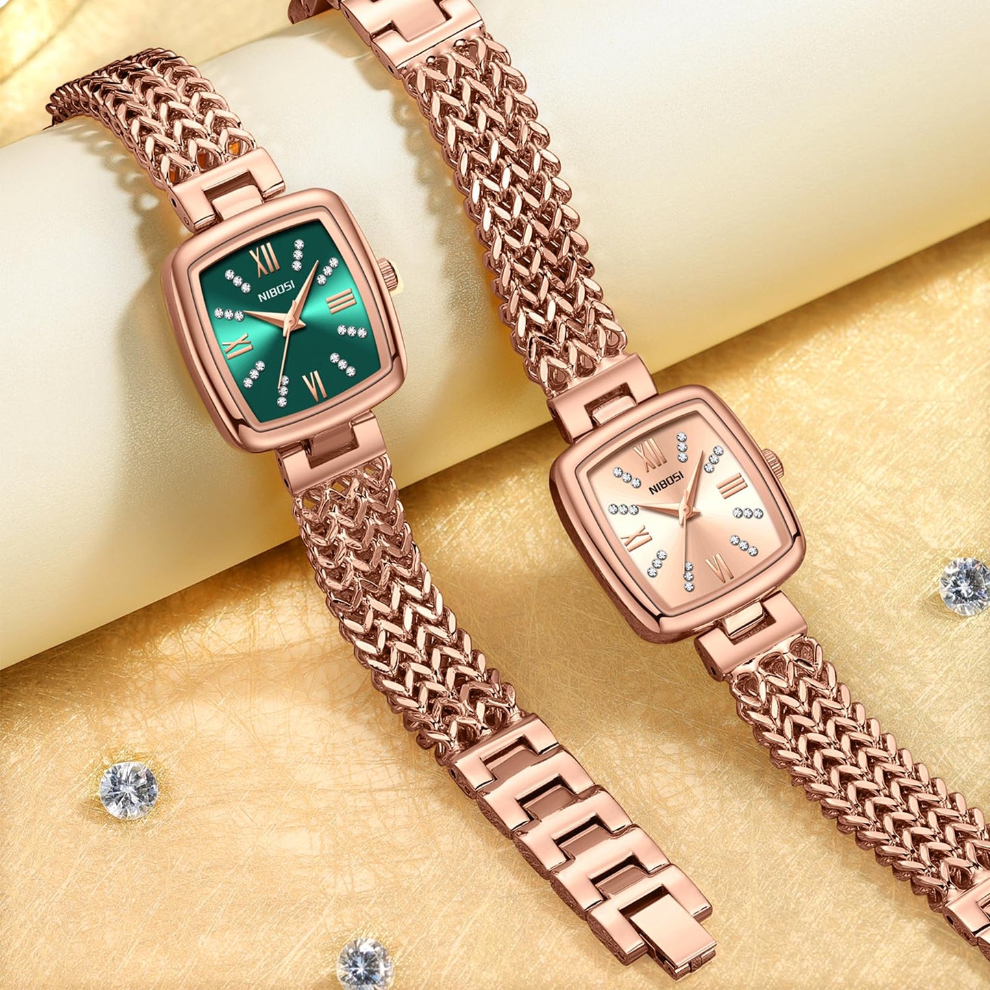 IBOSI Women Watches Analog Quartz Diamond Square Ladies Watch Stylish Elegant Waterproof Stainless Steel Jewelry Bracelet (Rose Gold)