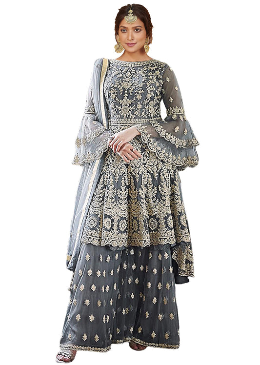 Miss Ethnik Women's Grey Semi Stitched Belly Sleeves Knee Long Gown With Palazzo And Net Duppata Free Size