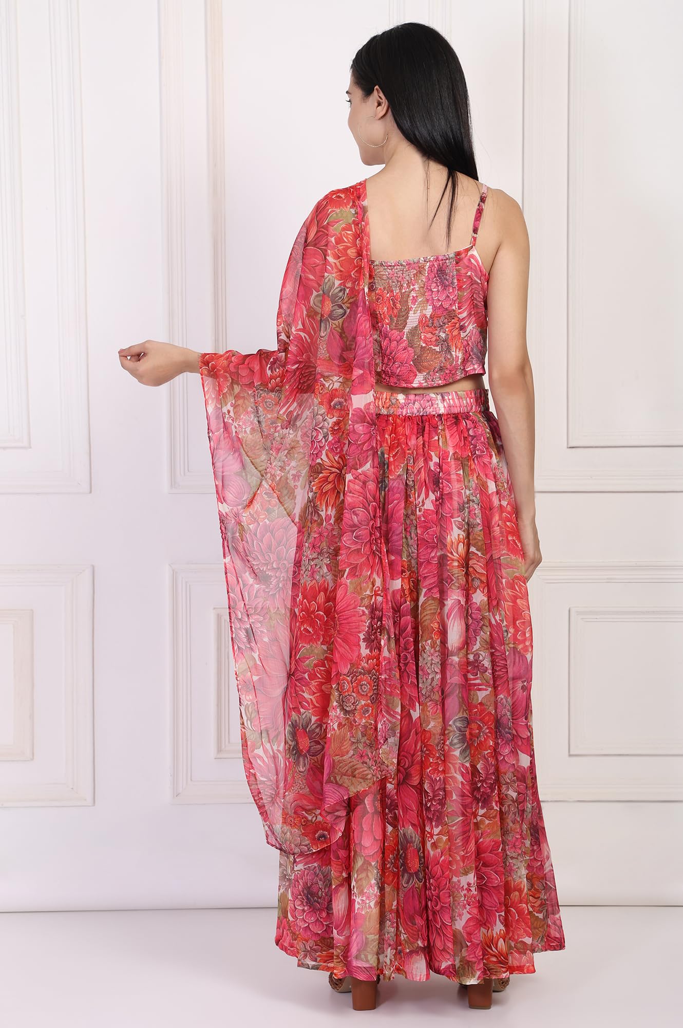 W for Woman Floral Printed Embellished Flared Georgette Crop Top with Skirt and Dupatta Set (WS13898)