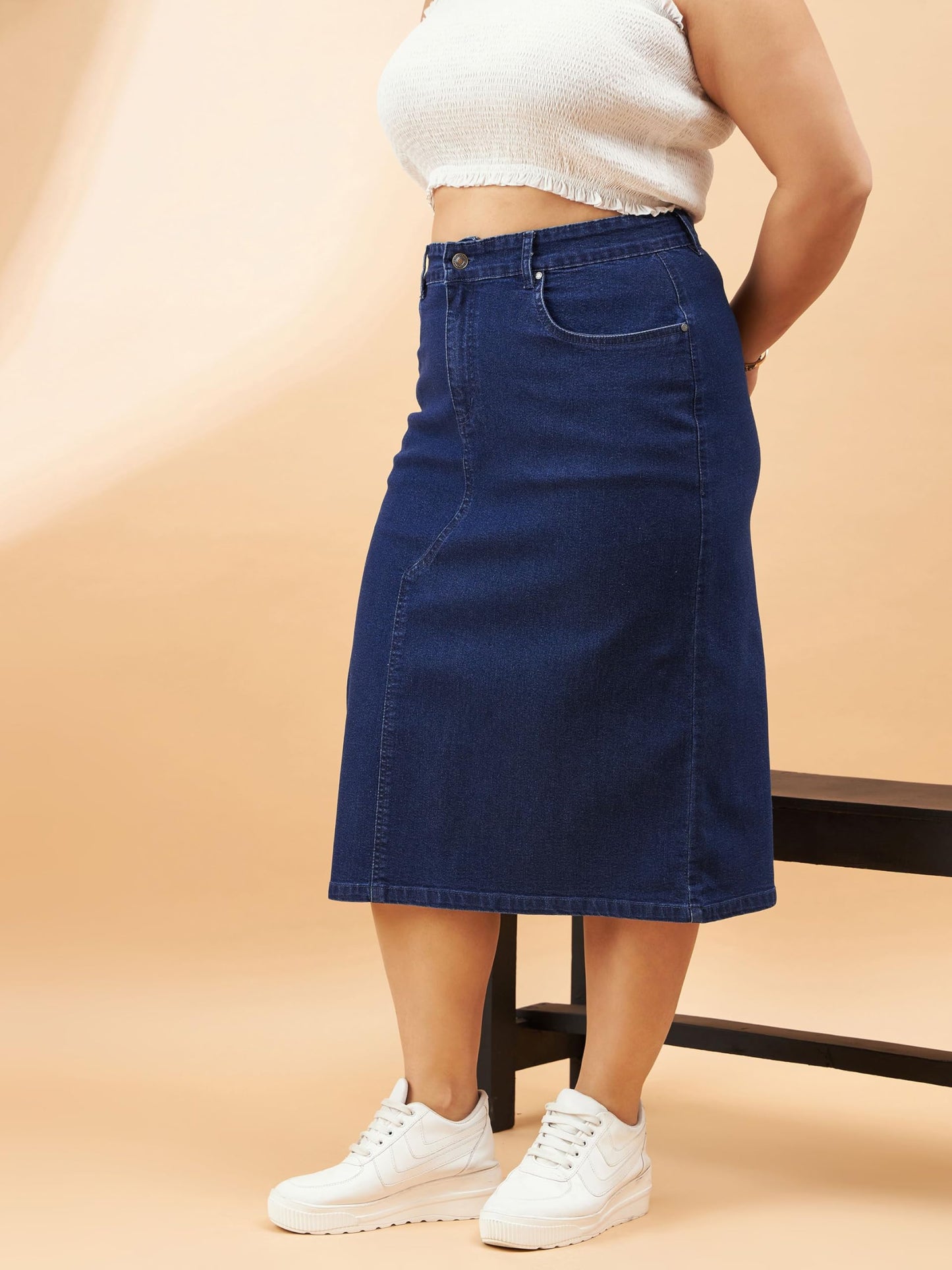 Navy Denim Acid Wash A-Line Skirt