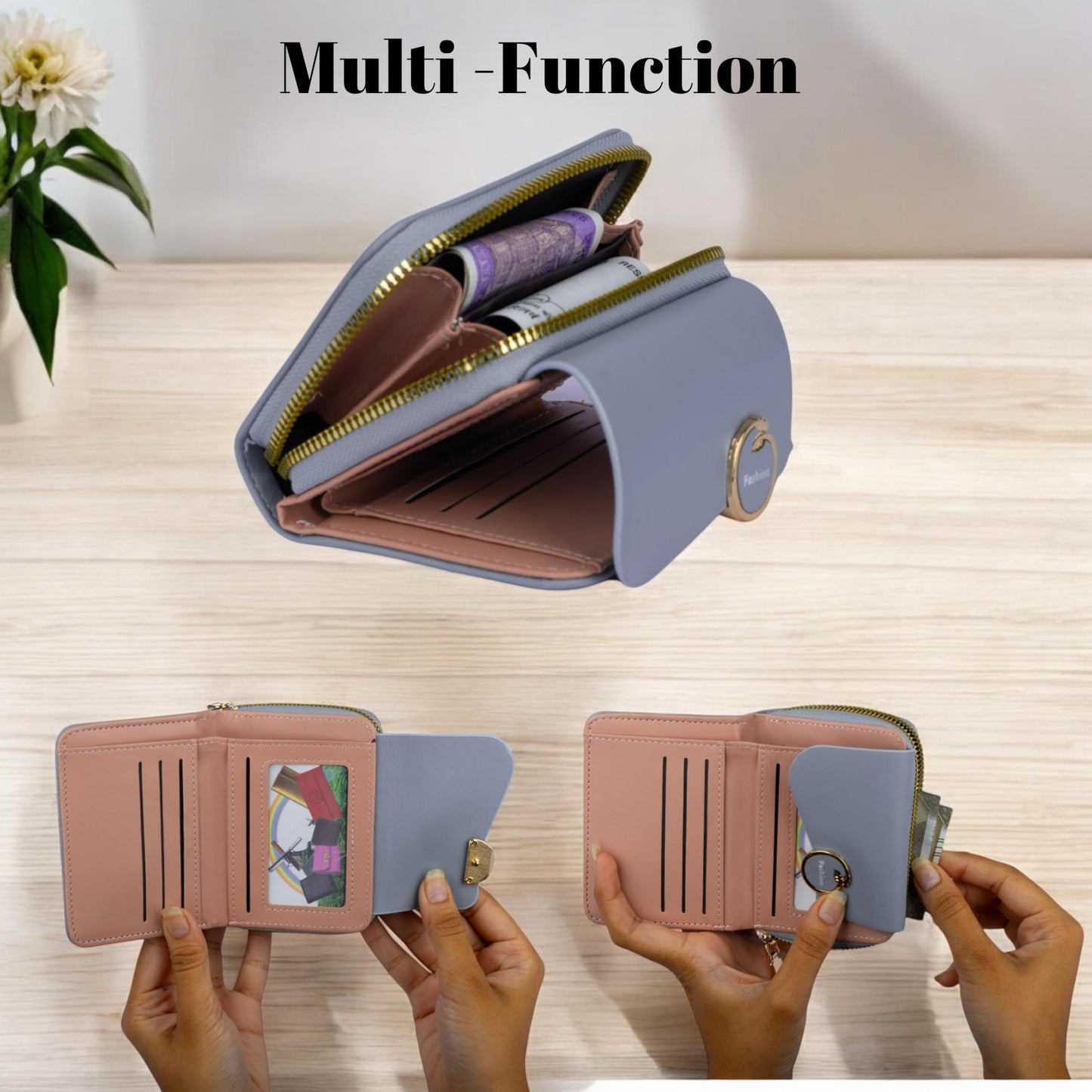 PRANIJ Small Leather Bifold Wallet for Women Fashion Compact Slim Credit Card Holder with Zipper Coin Pocket, Mini Clutch Purse for Girls (Pale Blue)